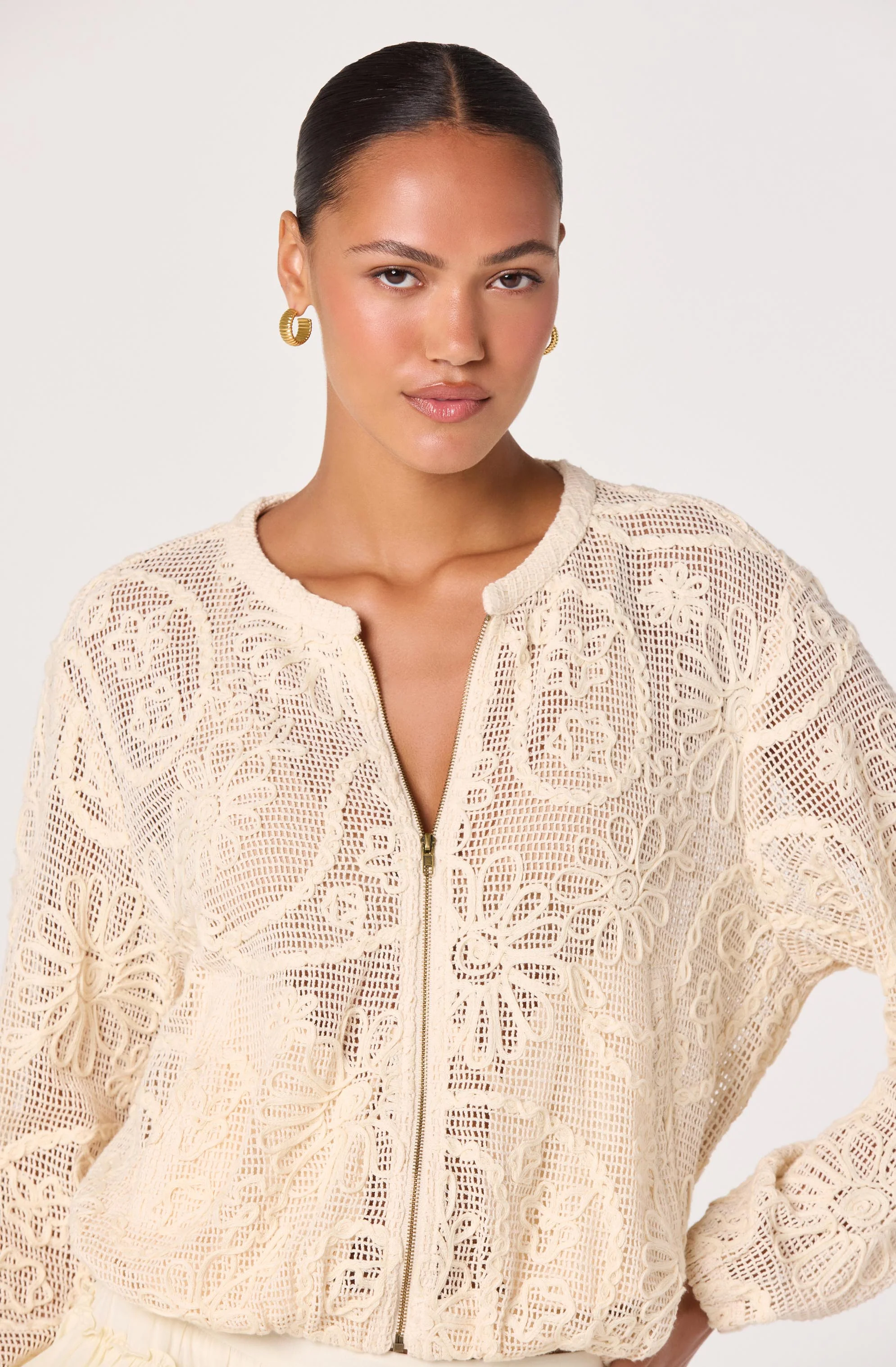 Aeva Embroidered Crochet Bomber Jacket - Image 4