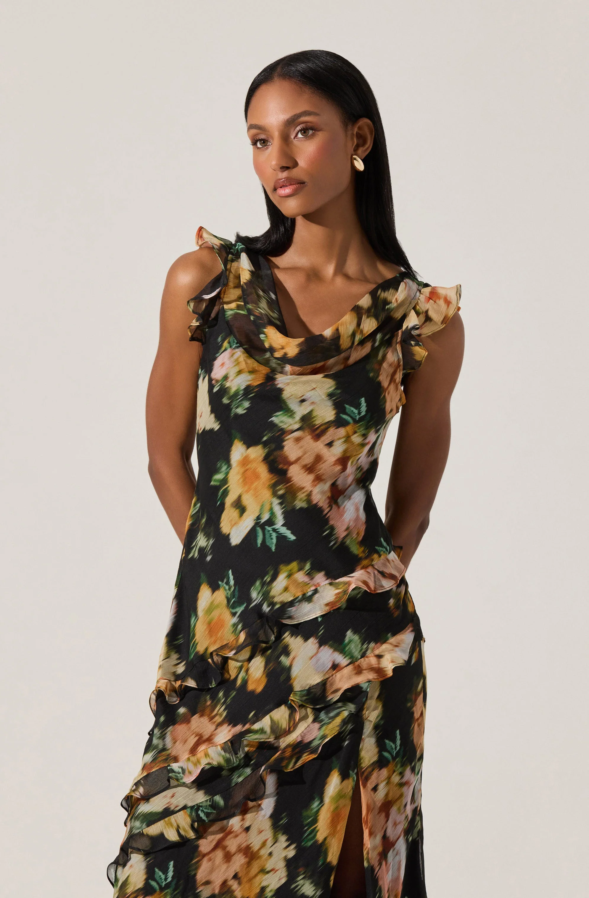 Alinta Floral Ruffle Cowl Neck Midi Dress - Image 3