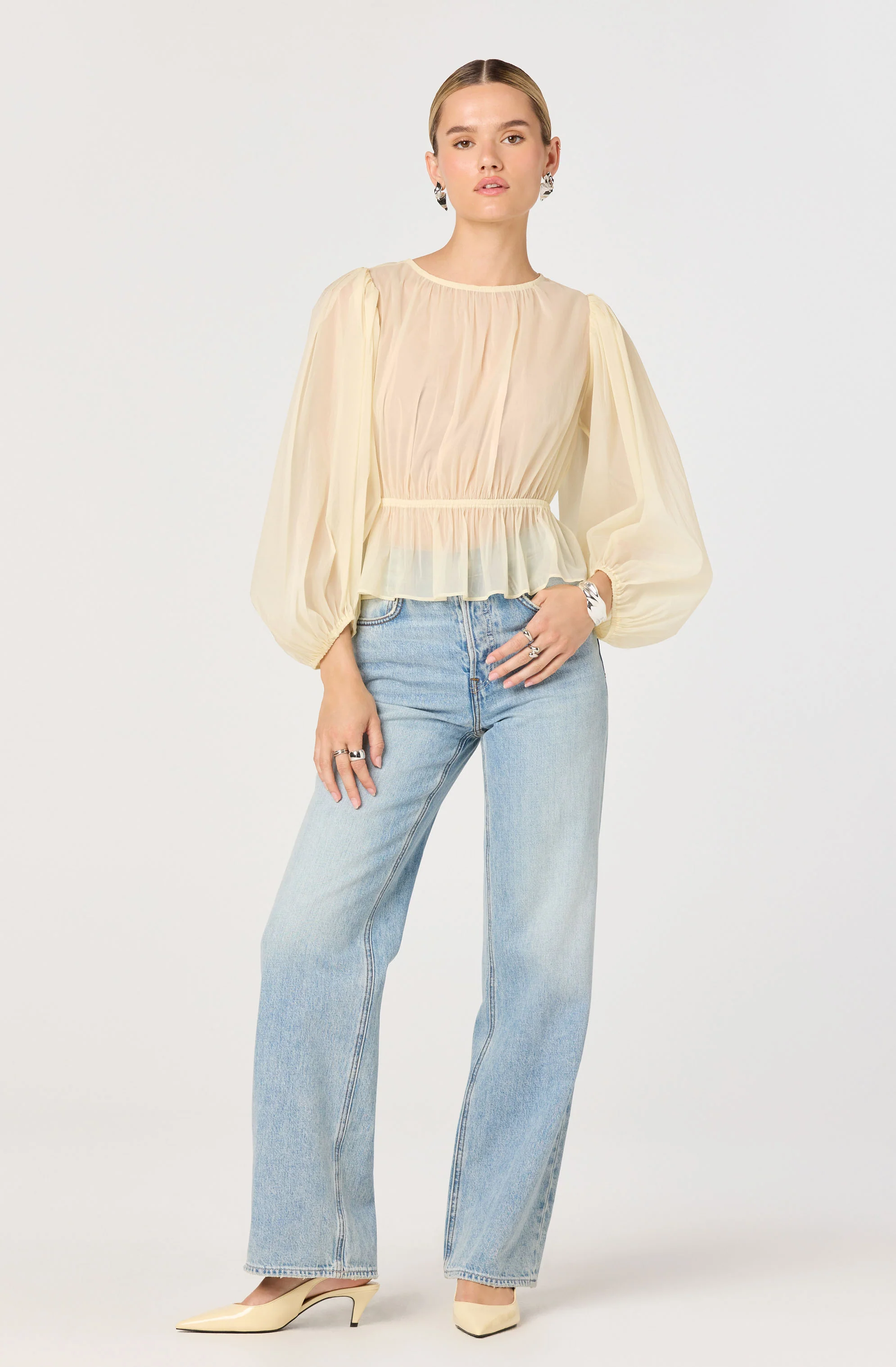 Amie Shirred Balloon Sleeve Peplum Top - Image 2