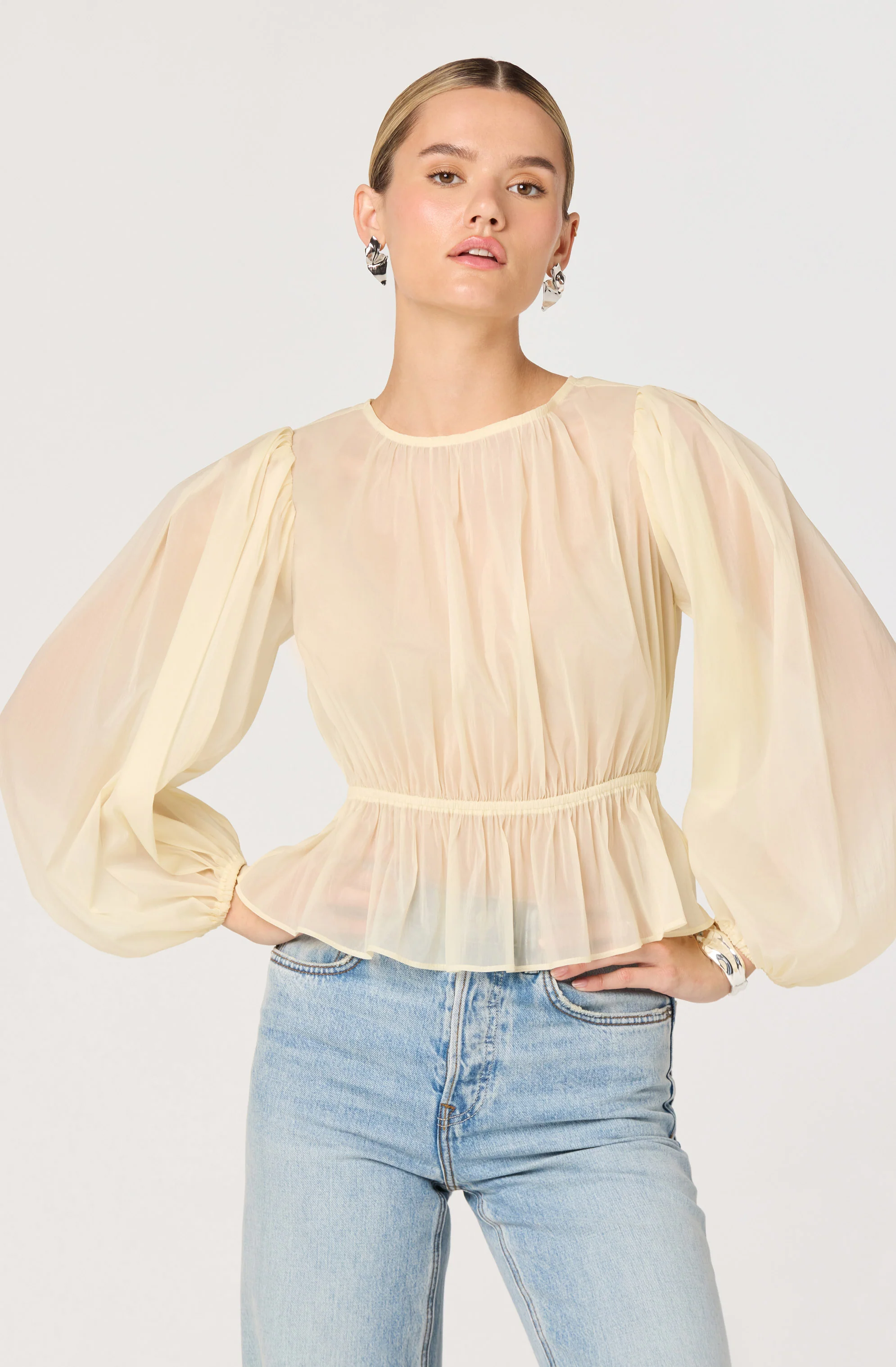 Amie Shirred Balloon Sleeve Peplum Top - Image 4