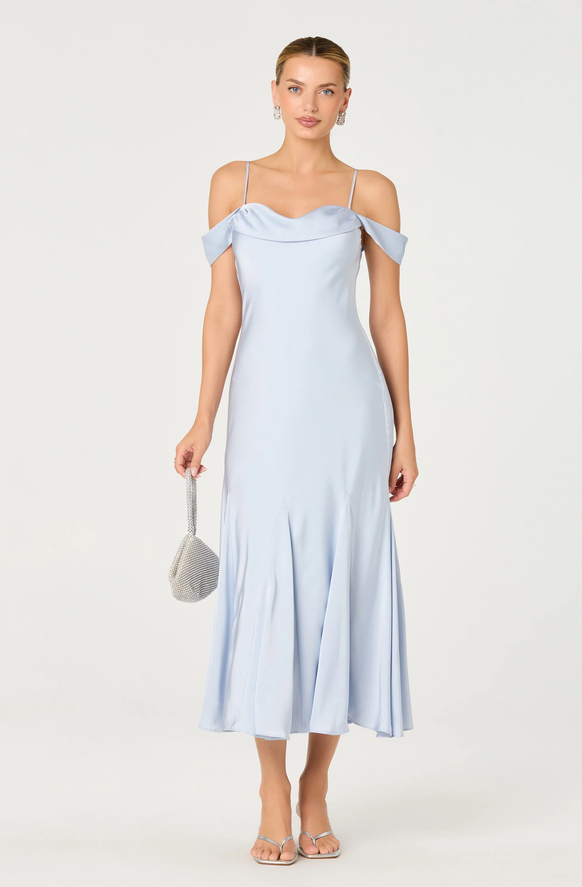 Araxie Satin Off-Shoulder Godet Midi Dress