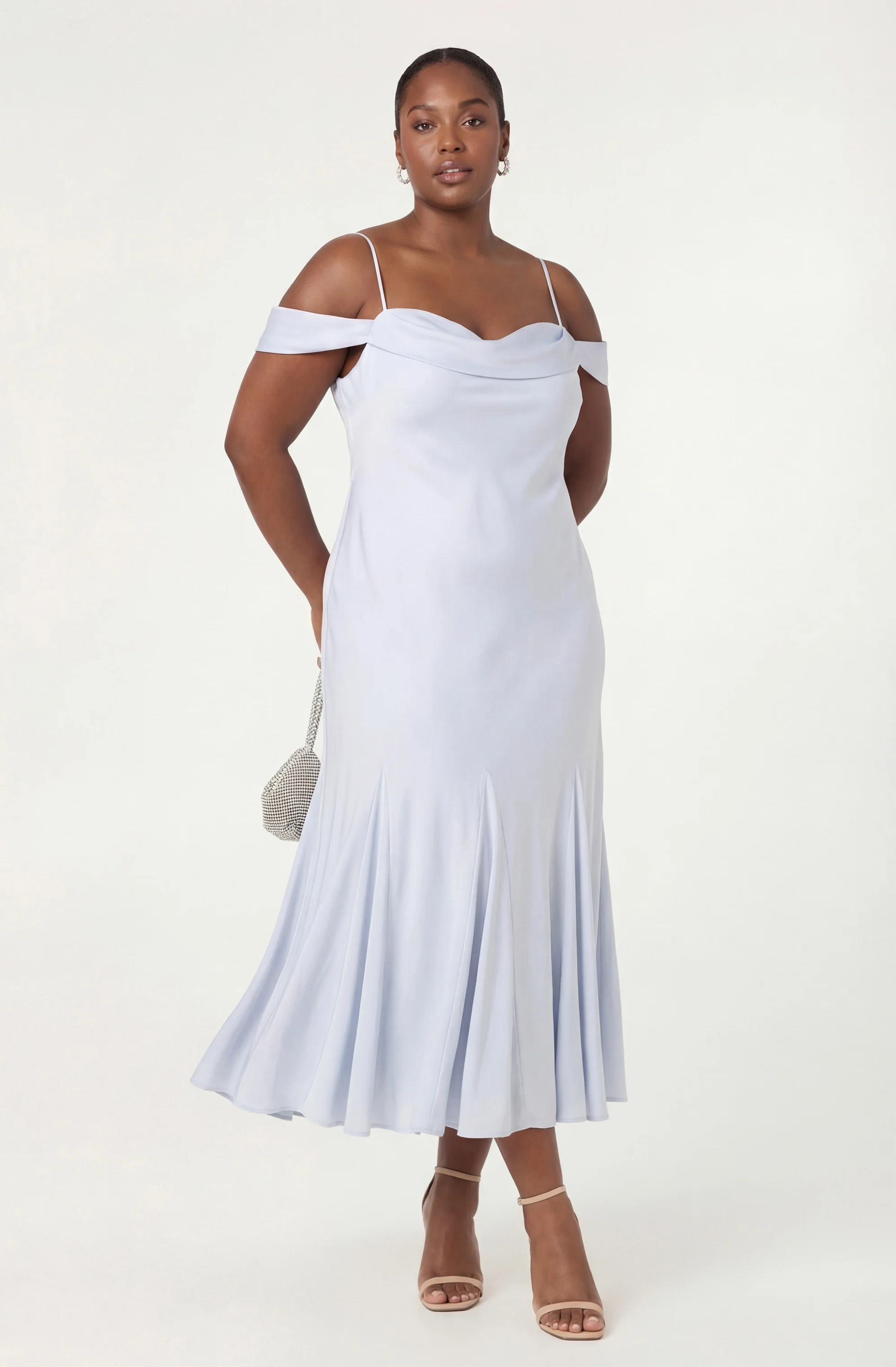 Araxie Satin Off-Shoulder Godet Midi Dress - Image 20