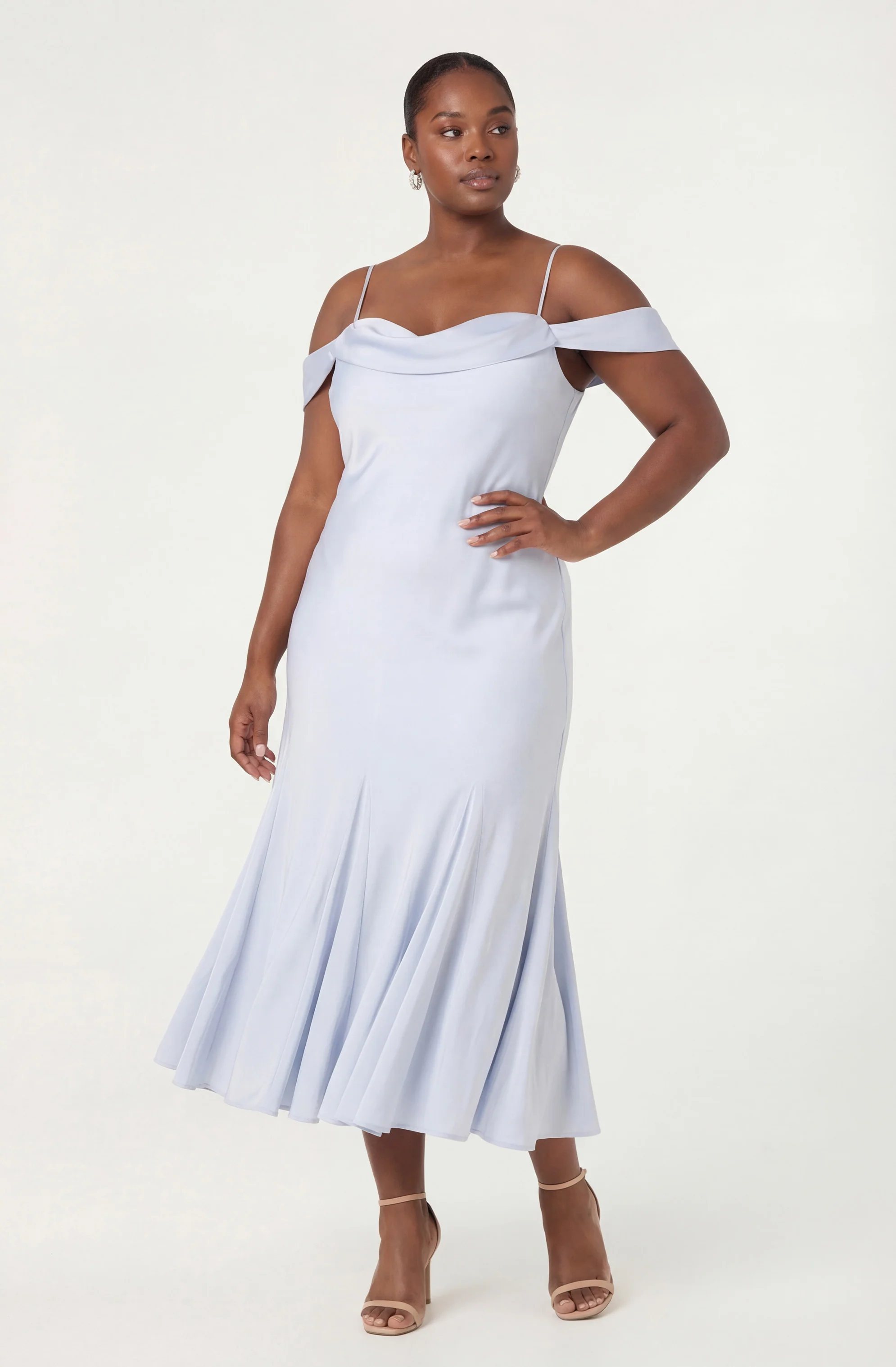 Araxie Satin Off-Shoulder Godet Midi Dress - Image 21
