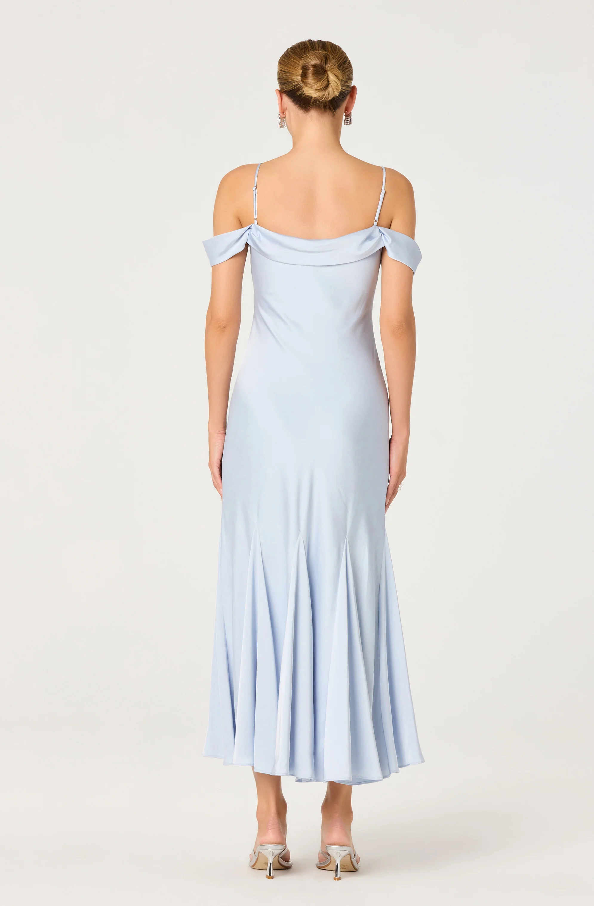 Araxie Satin Off-Shoulder Godet Midi Dress - Image 4
