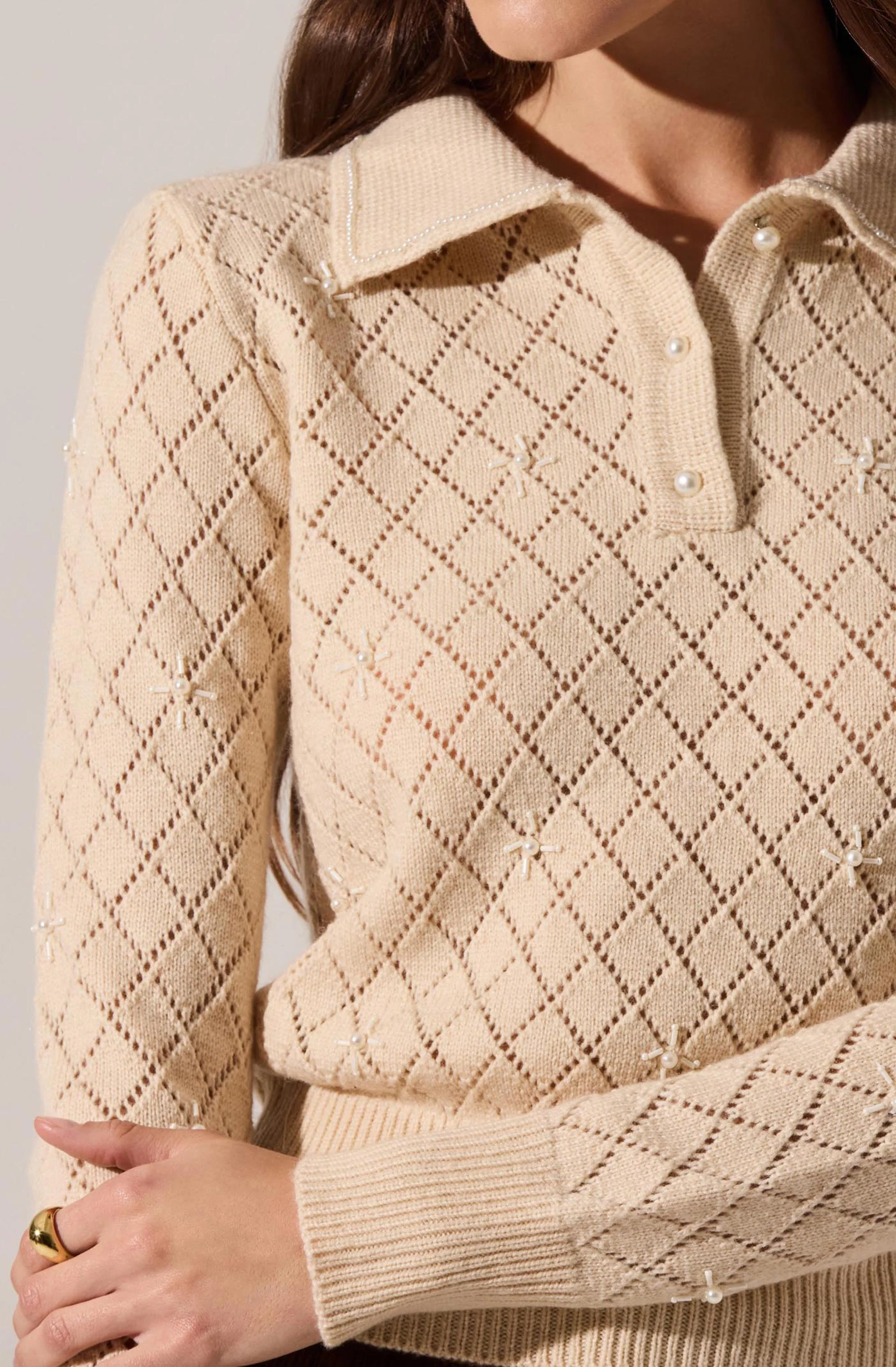 Aspyn Embellished Pointelle Polo Sweater - Image 5