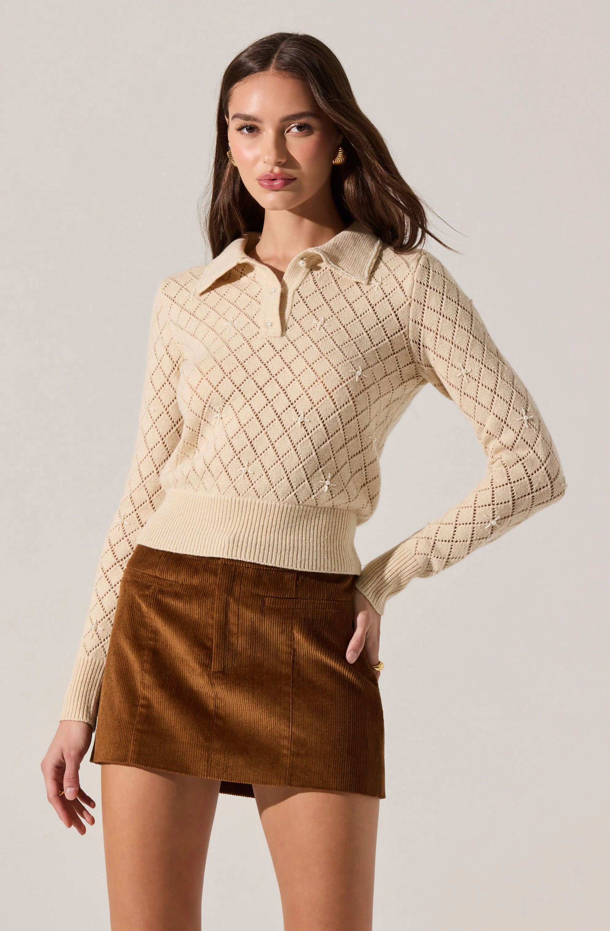 Aspyn Embellished Pointelle Polo Sweater - Image 6