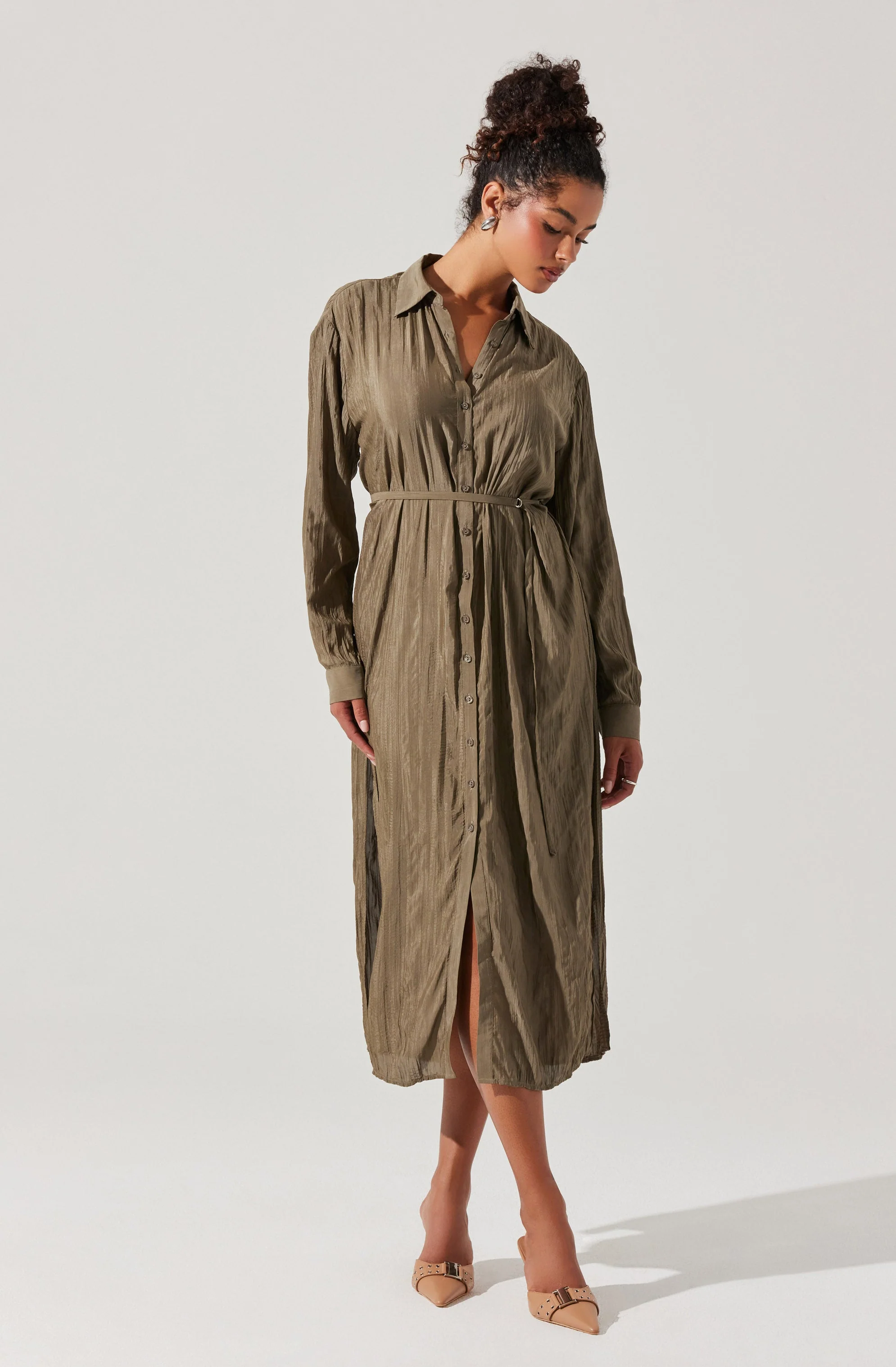 Belted Long Sleeve Shirt Dress - Image 3