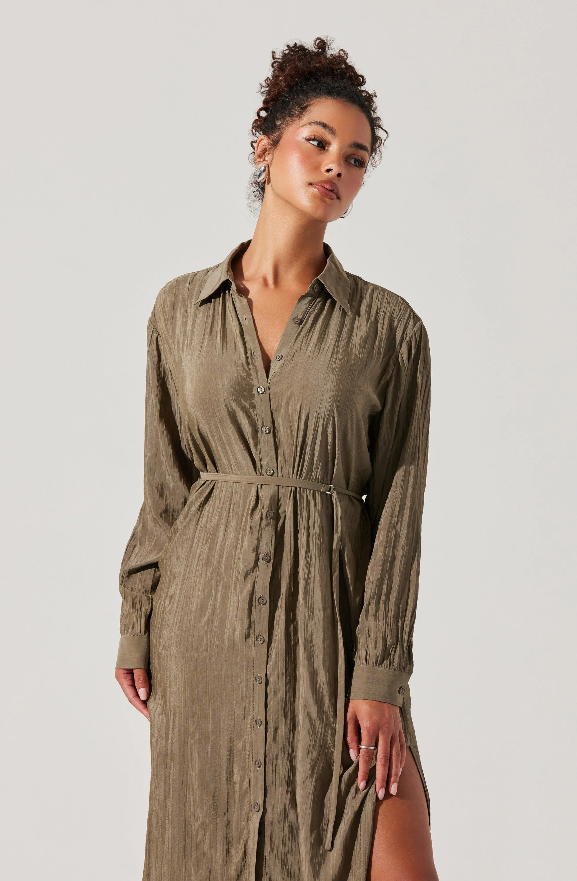 Belted Long Sleeve Shirt Dress - Image 5