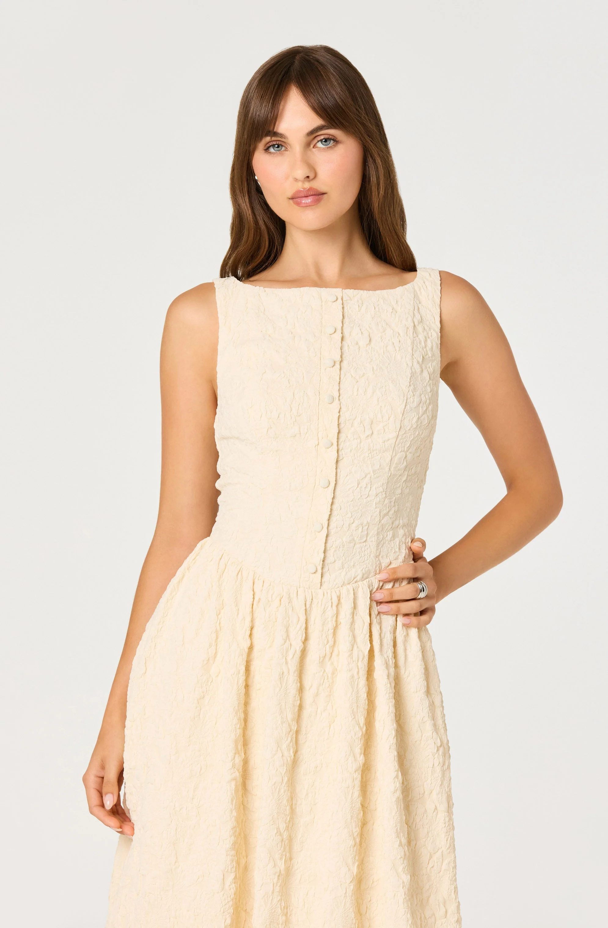 Button Front Boat Neck Midi Dress - Image 2