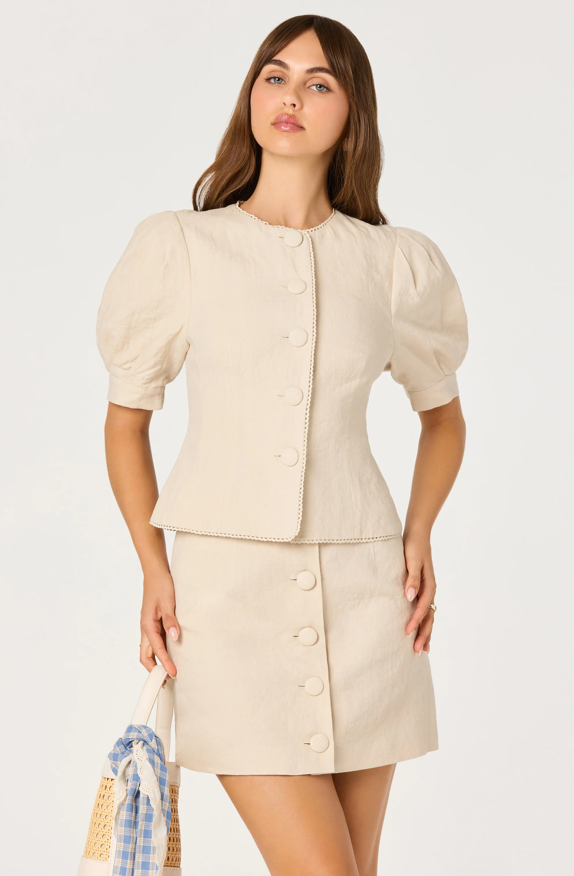 Cailey Linen Puff Sleeve Button-Front Top