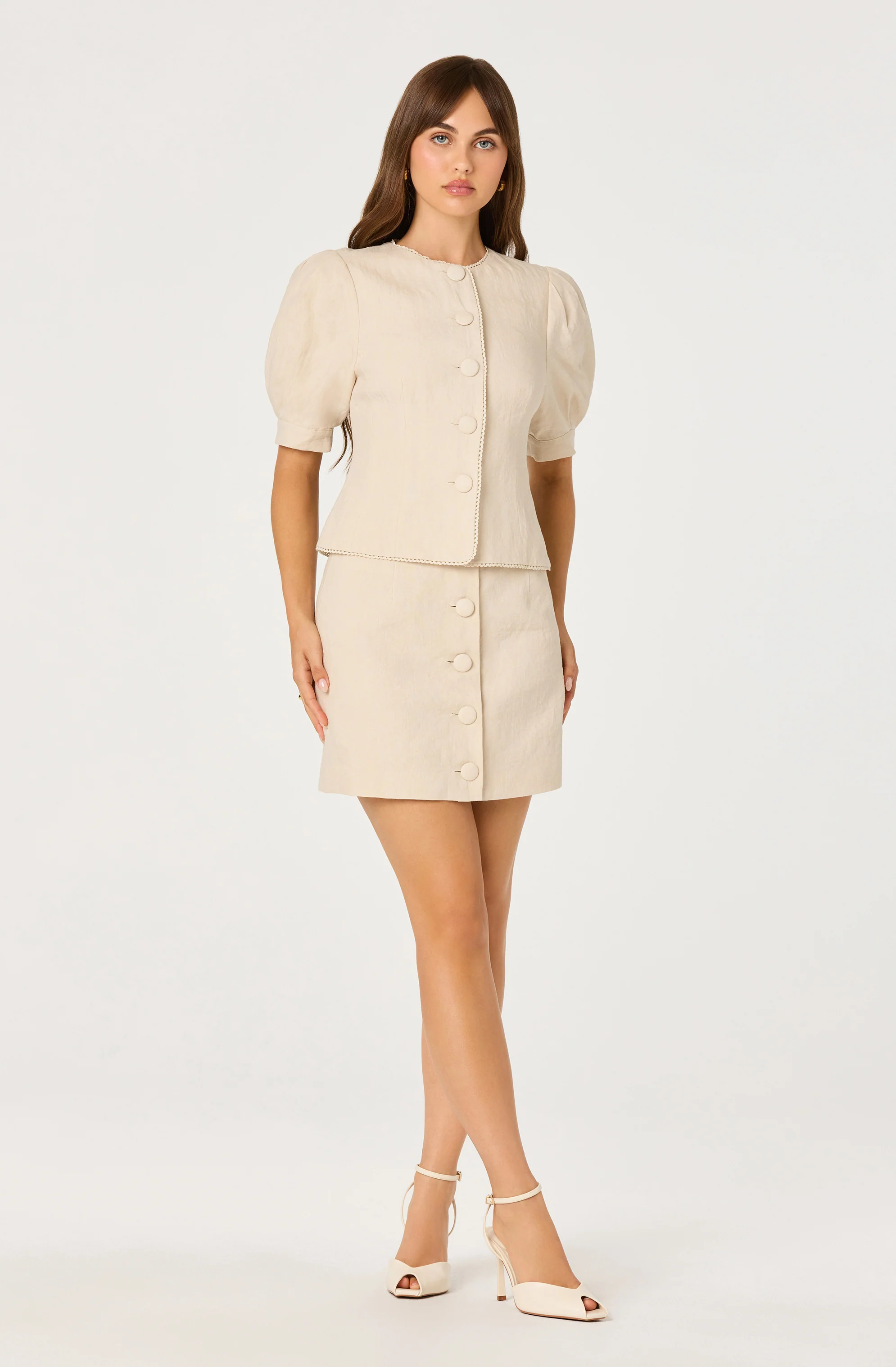 Cailey Linen Puff Sleeve Button-Front Top - Image 2