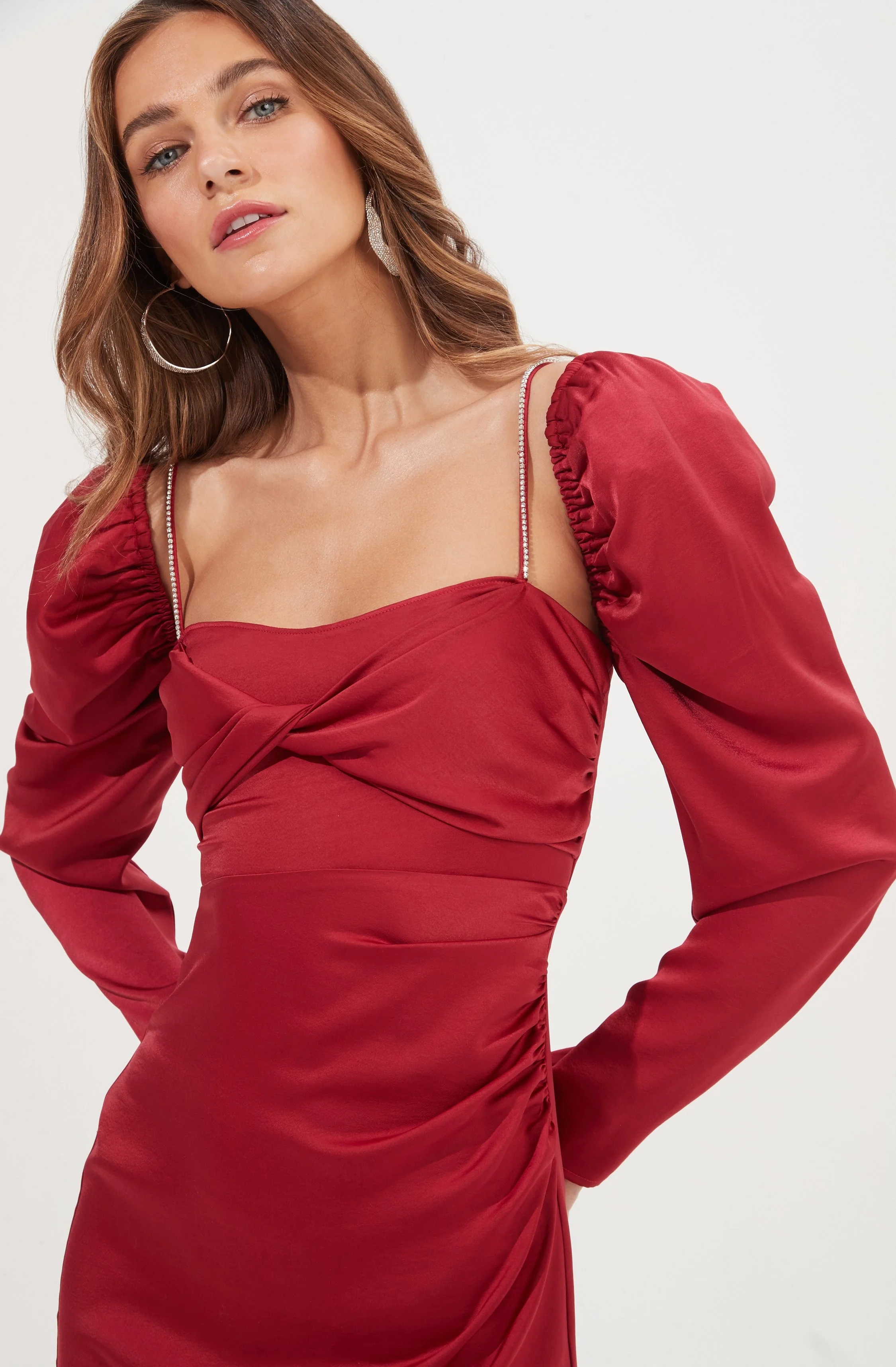 Claudina Rhinestone Embellished Satin Long Sleeve Midi Dress - Image 4