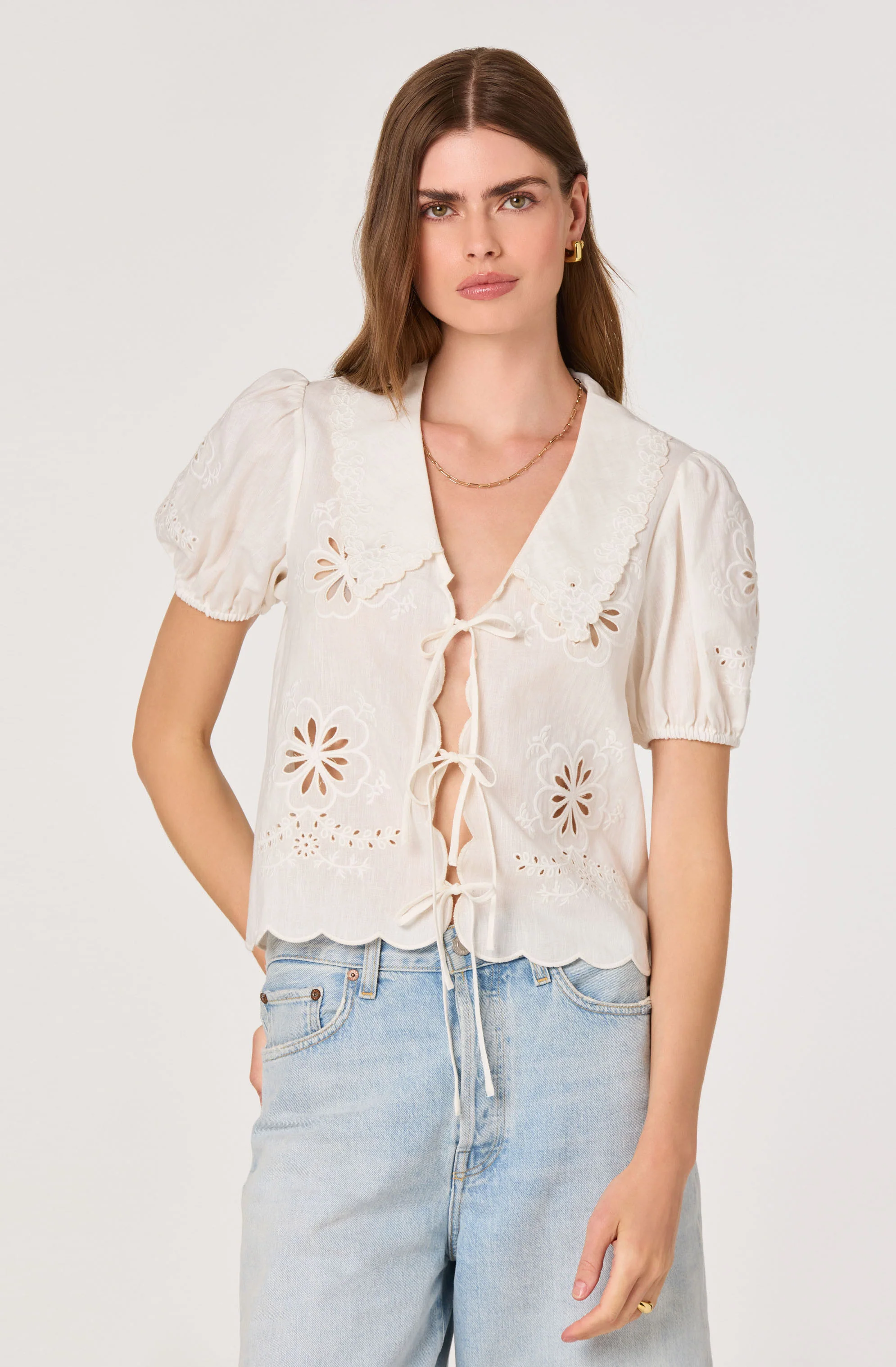 Eider Embroidered Cutwork Tie-Front Top