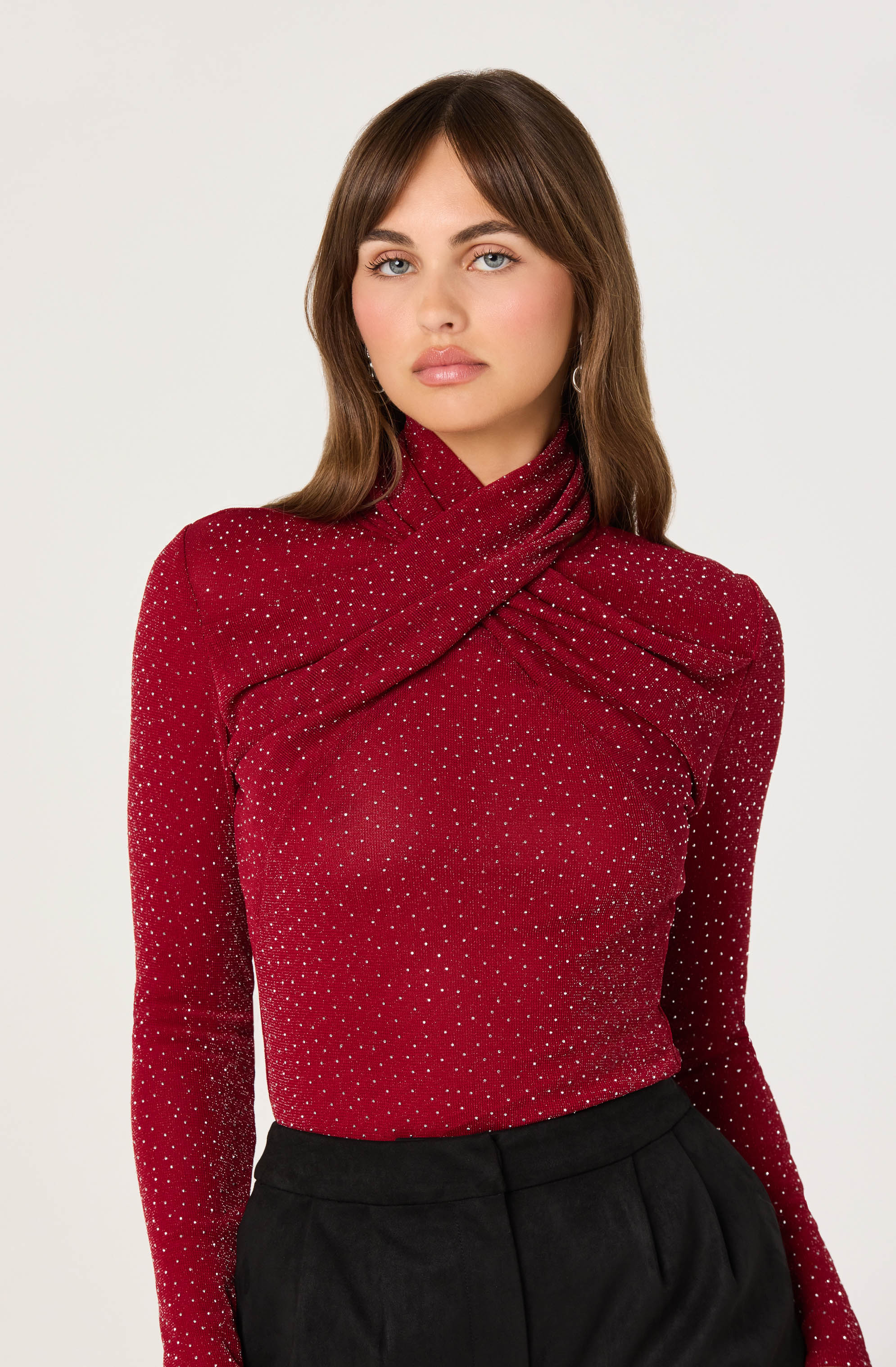 Embellished Crossover Mock Neck Top - Image 7
