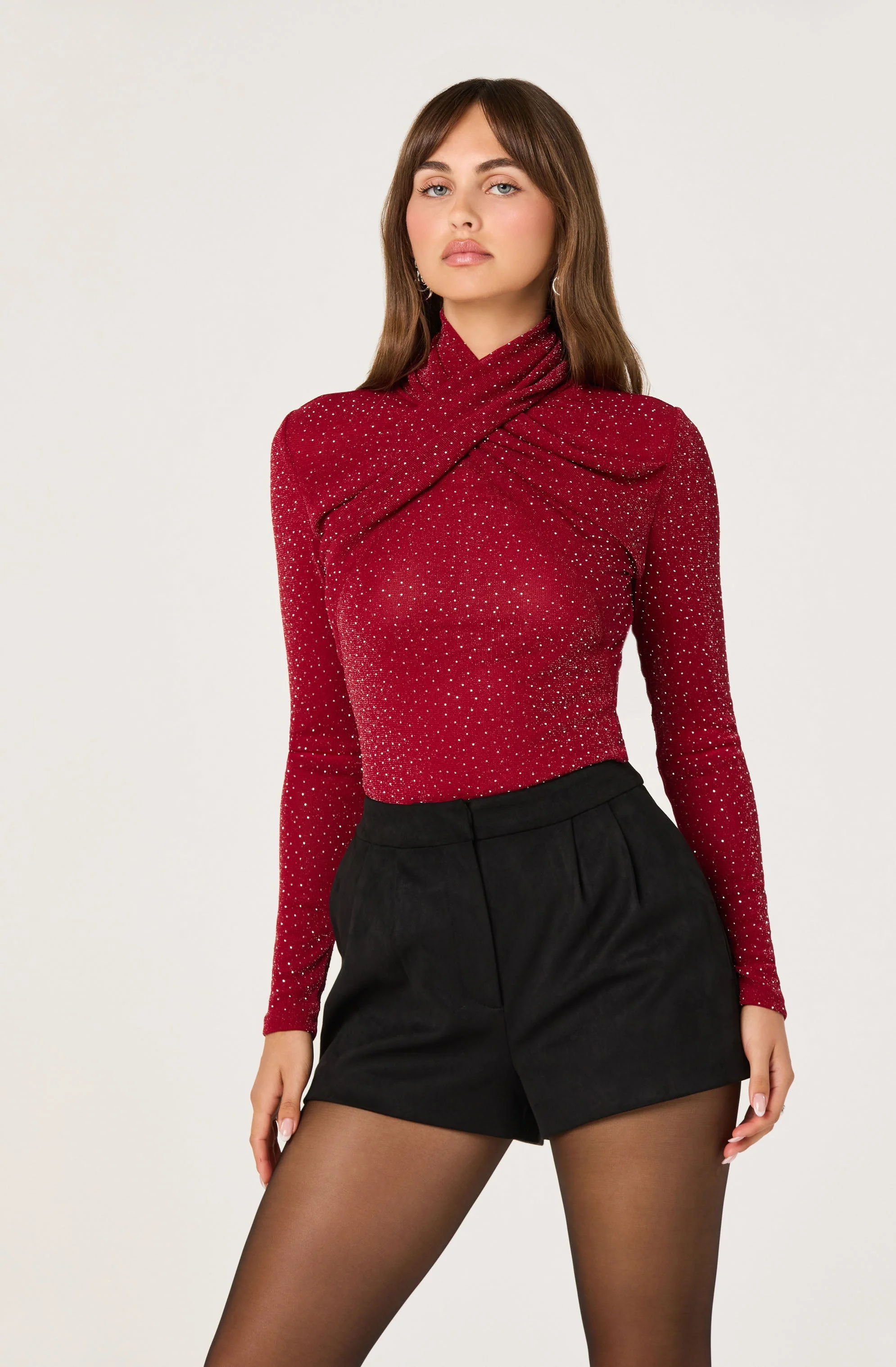 Embellished Crossover Mock Neck Top - Image 9