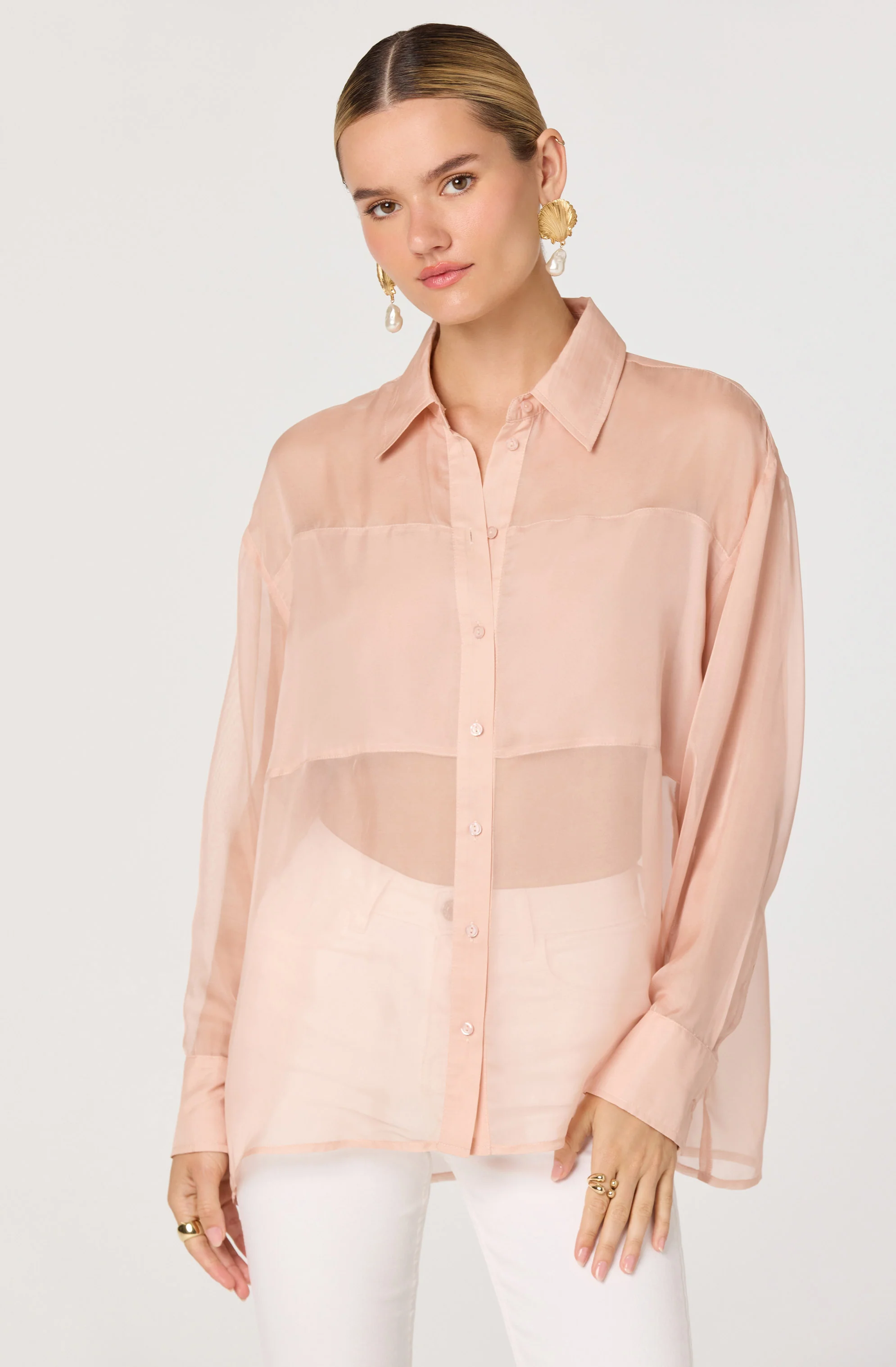 Evie Sheer Collared Button-Front Top - Image 2