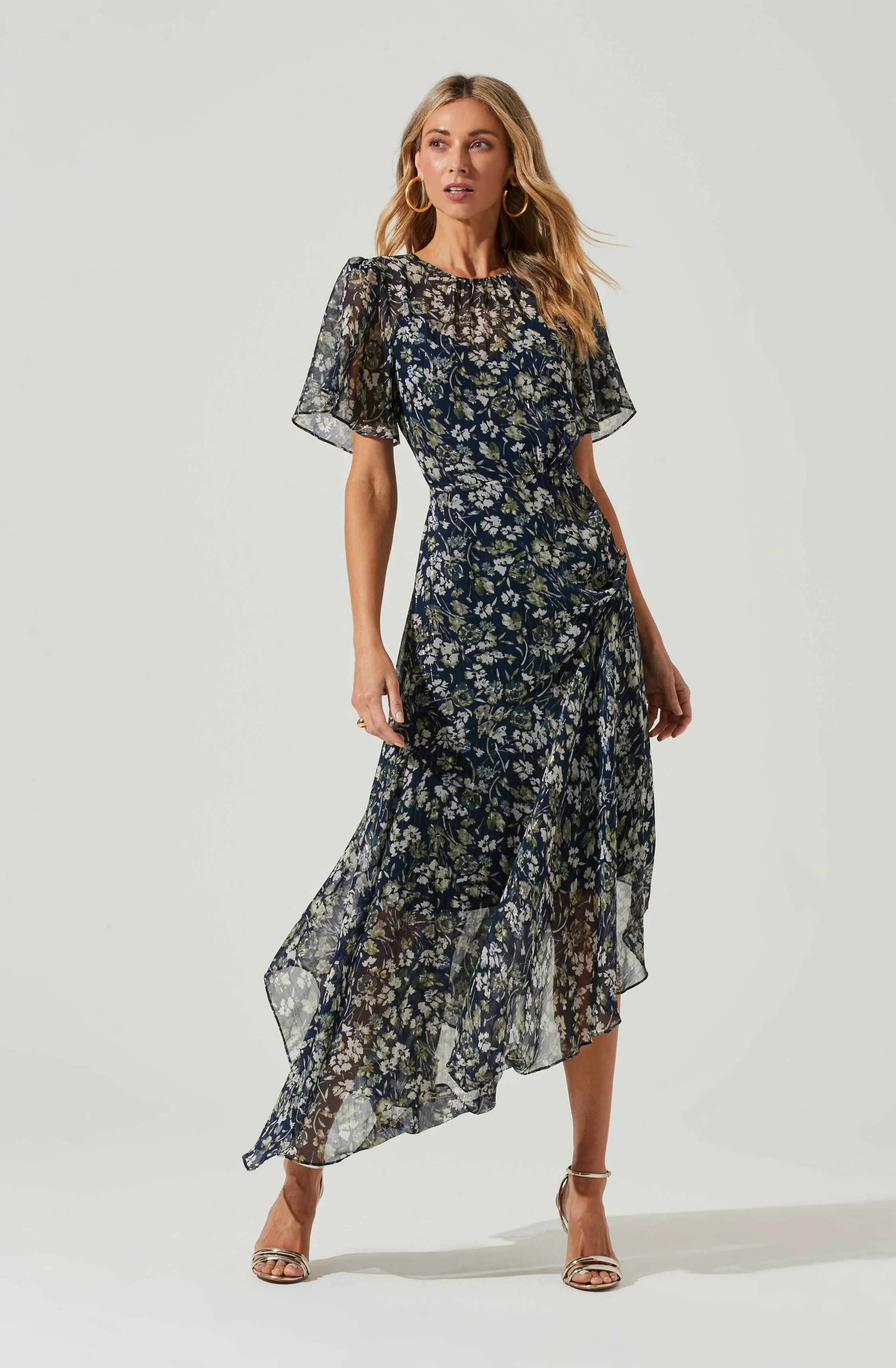 Flutter Sleeve Floral Asymmetric Maxi Dress - Image 3