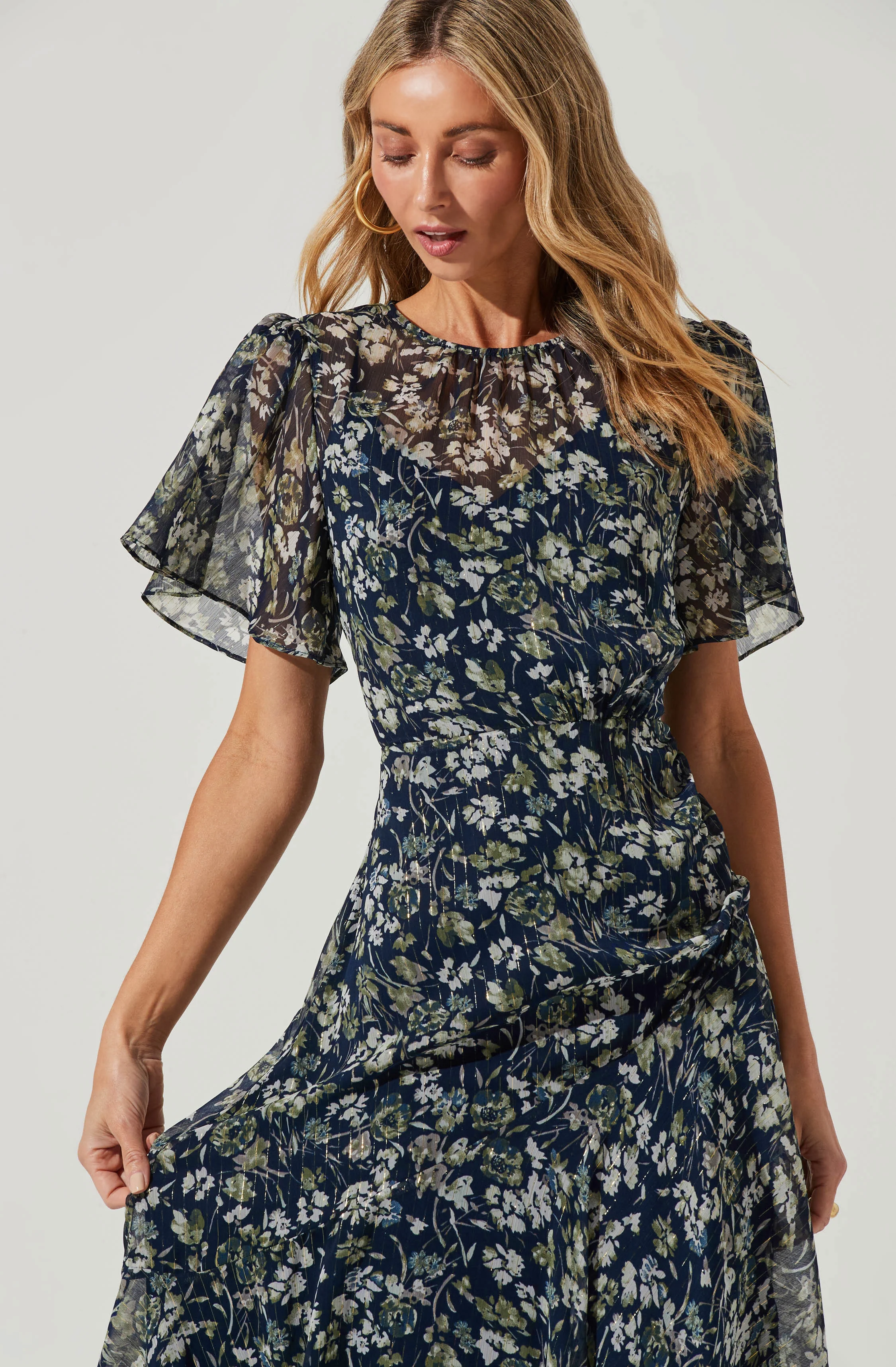 Flutter Sleeve Floral Asymmetric Maxi Dress - Image 6