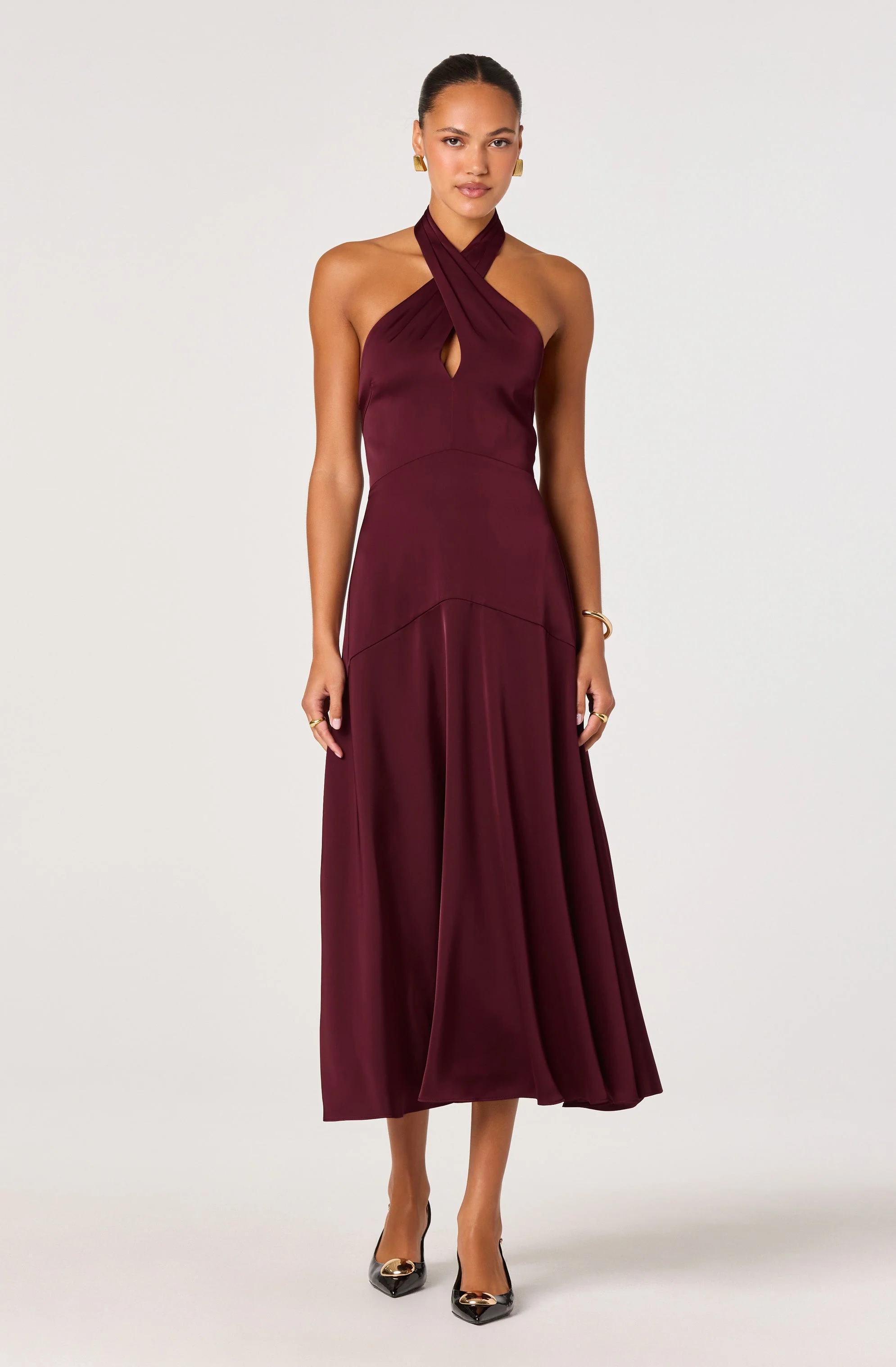 Satin Crossover Halter Midi Dress - Image 13