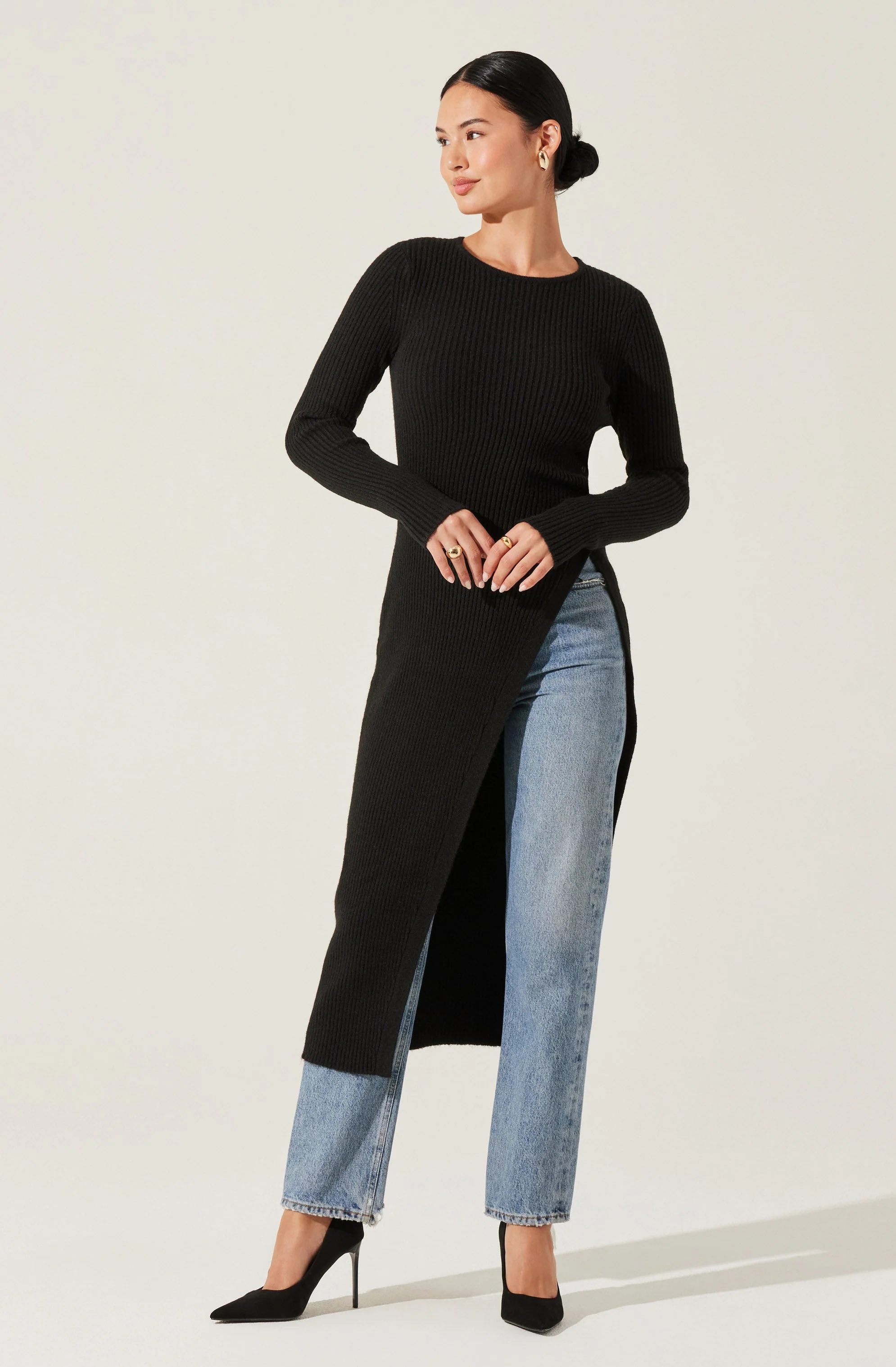 Ribbed Hi Slit Button Sweater - Image 3