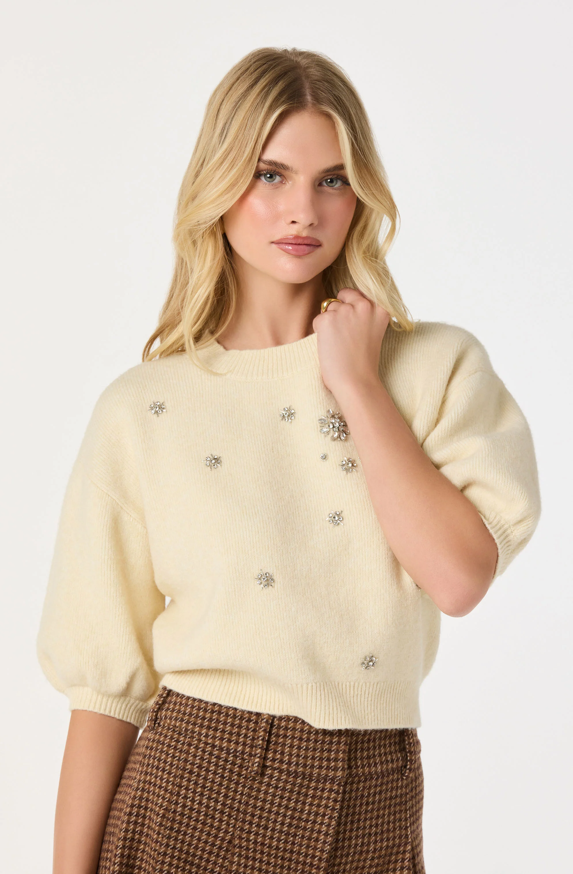Jewel Embellished Puff Sleeve Sweater