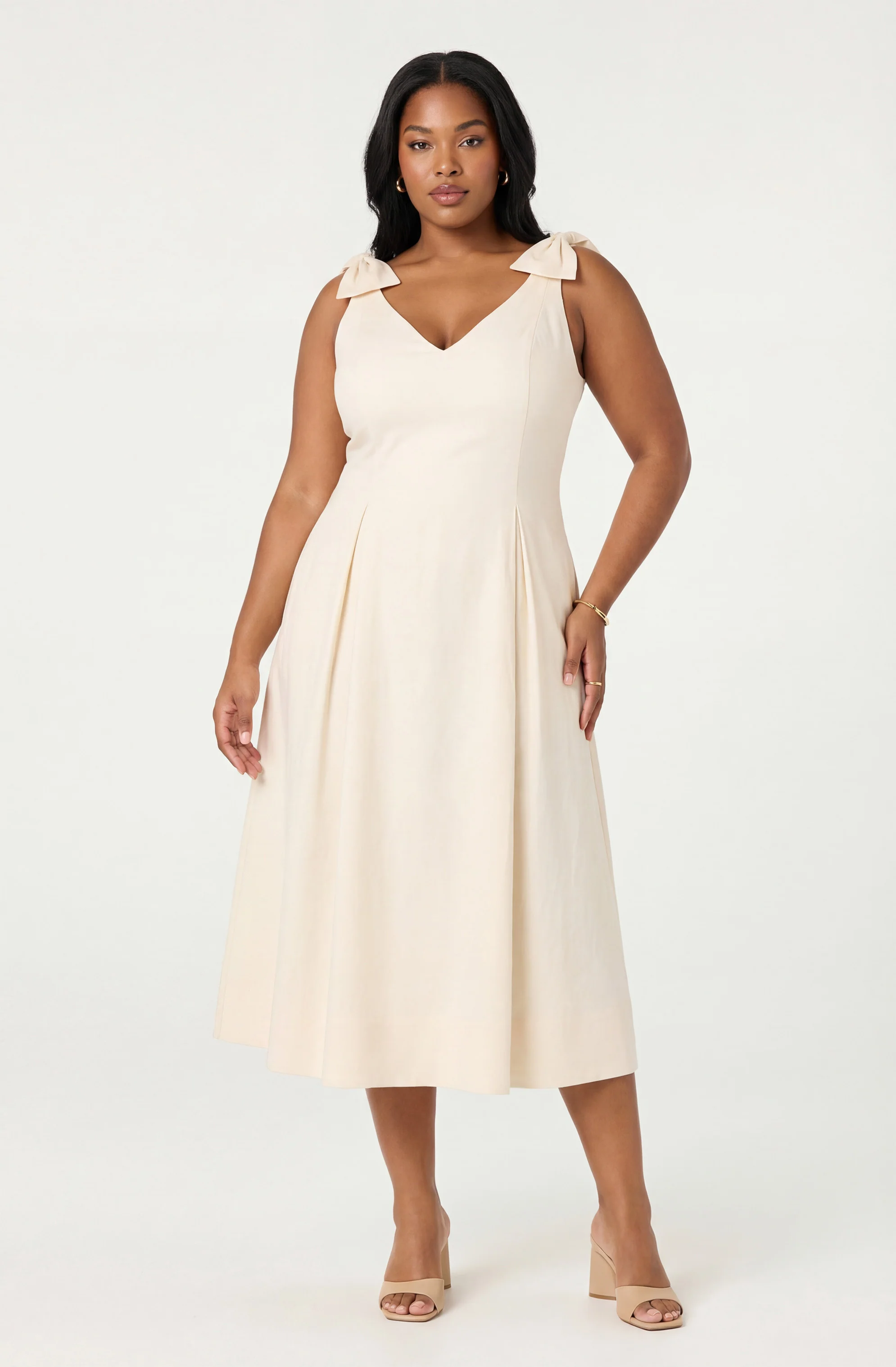 Joleena Linen Bow-Strap Midi Dress