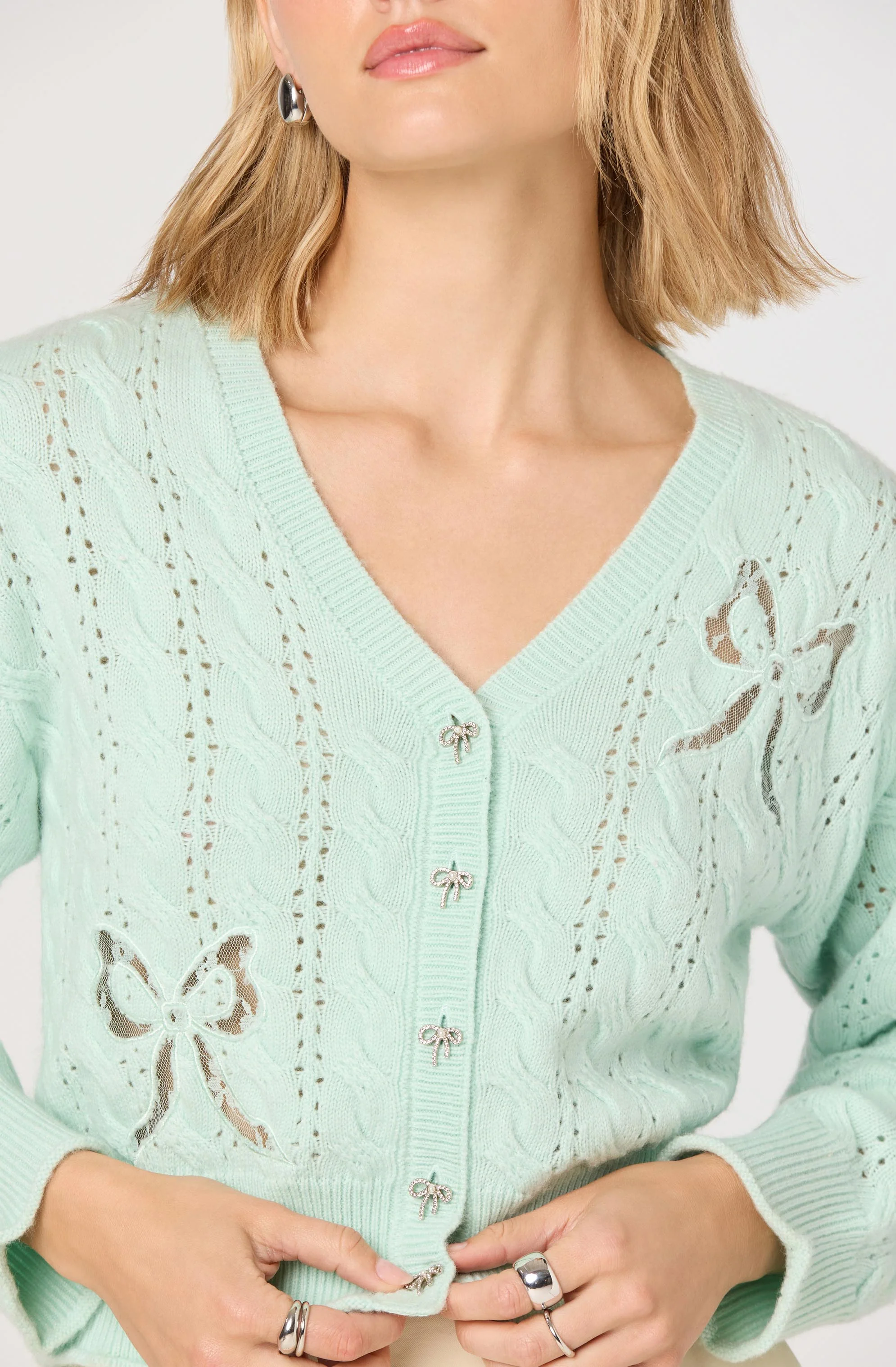 Kalen Cable-Knit Bow Cutout Cardigan - Image 2