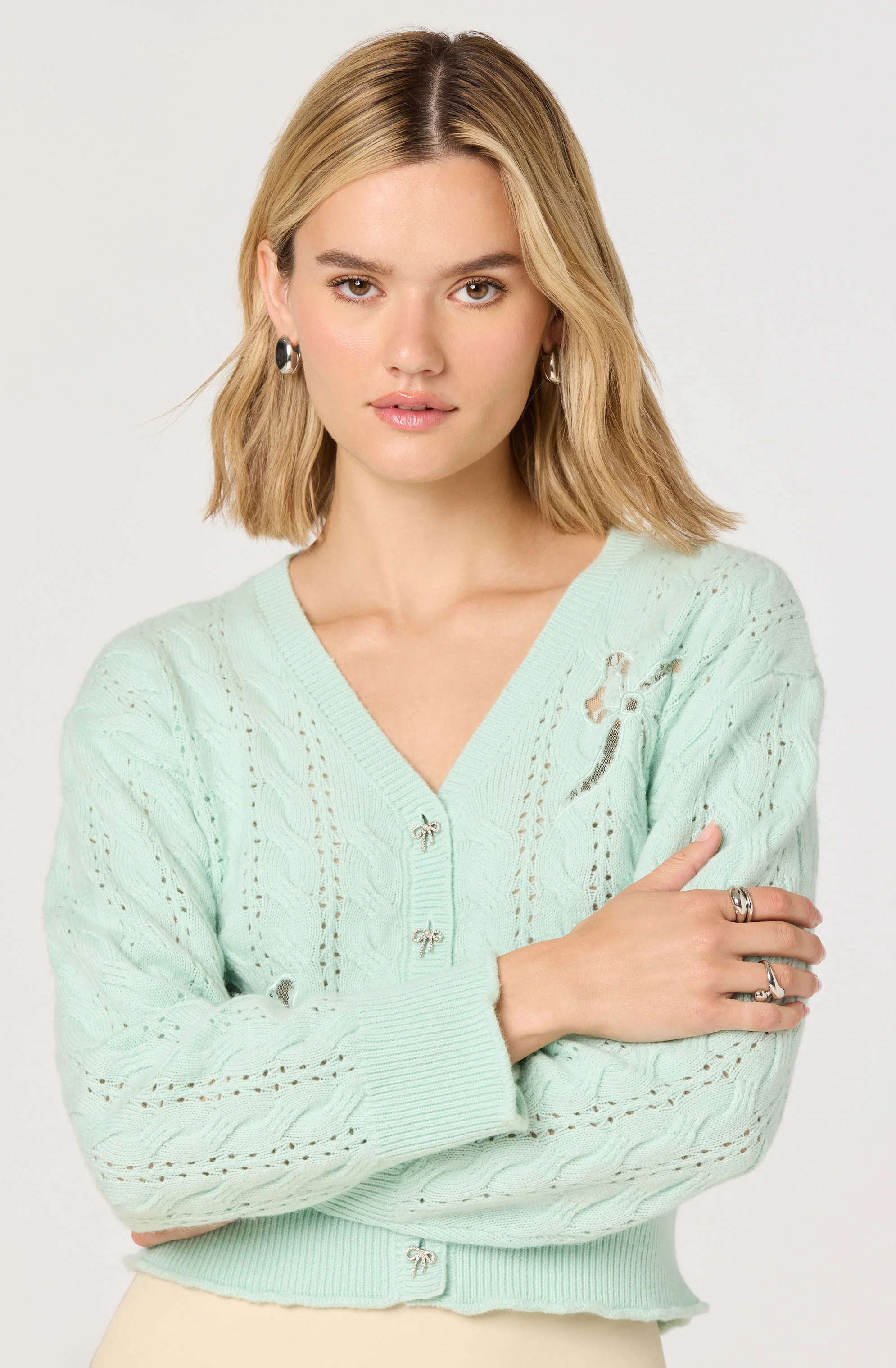 Kalen Cable-Knit Bow Cutout Cardigan - Image 4