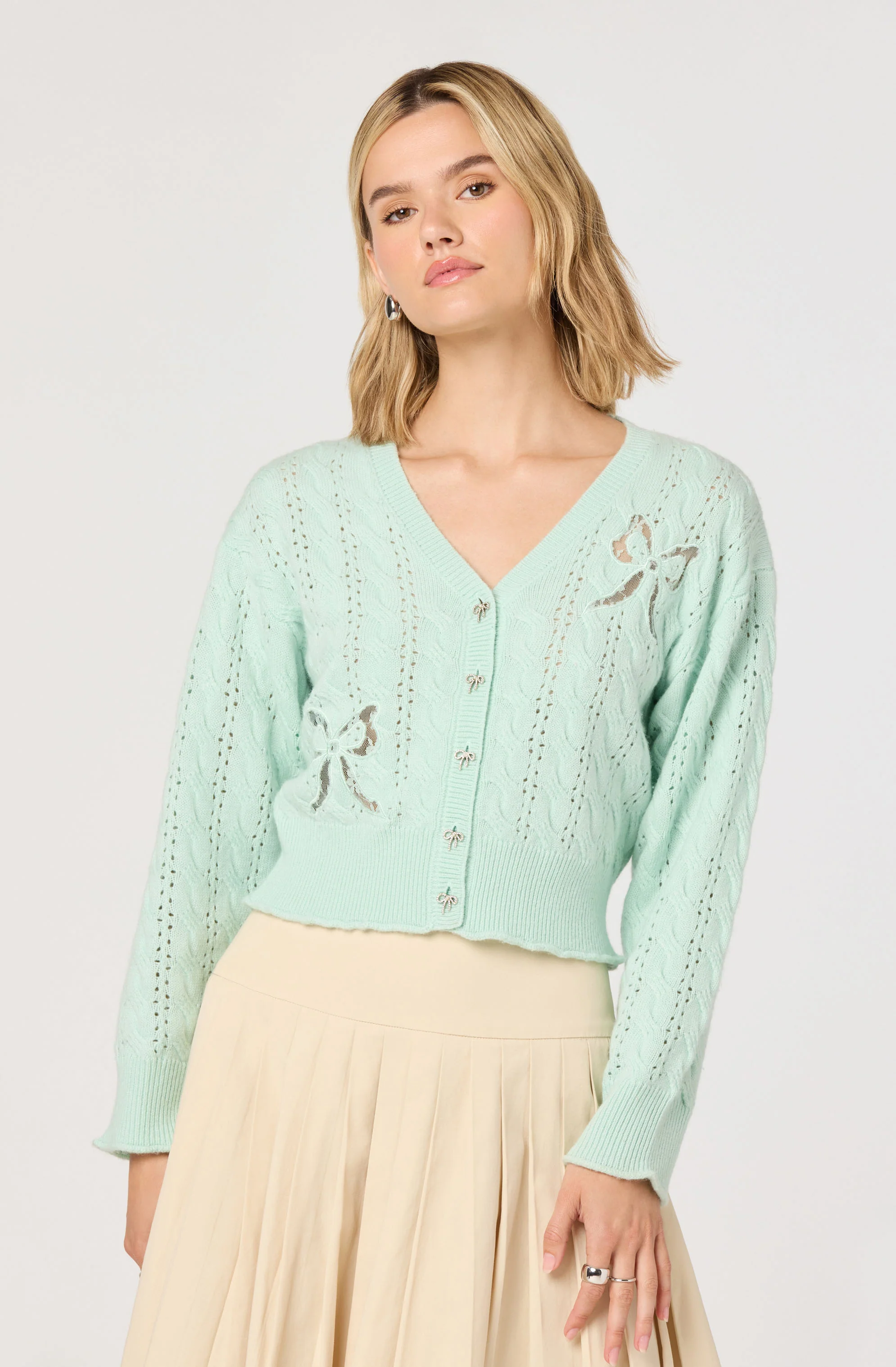 Kalen Cable-Knit Bow Cutout Cardigan - Image 6