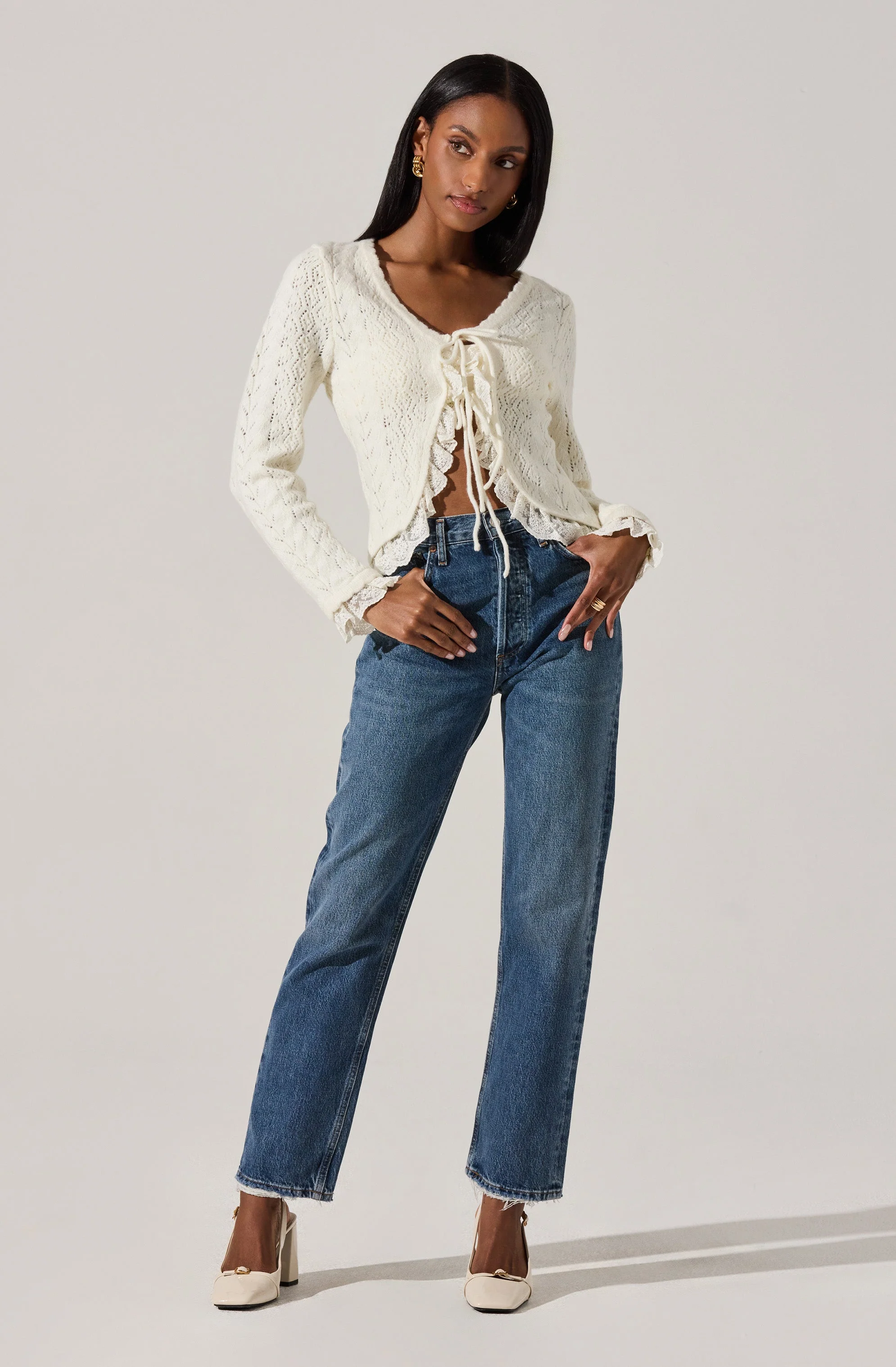 Lacey Pointelle Tie-Front Cardigan - Image 4