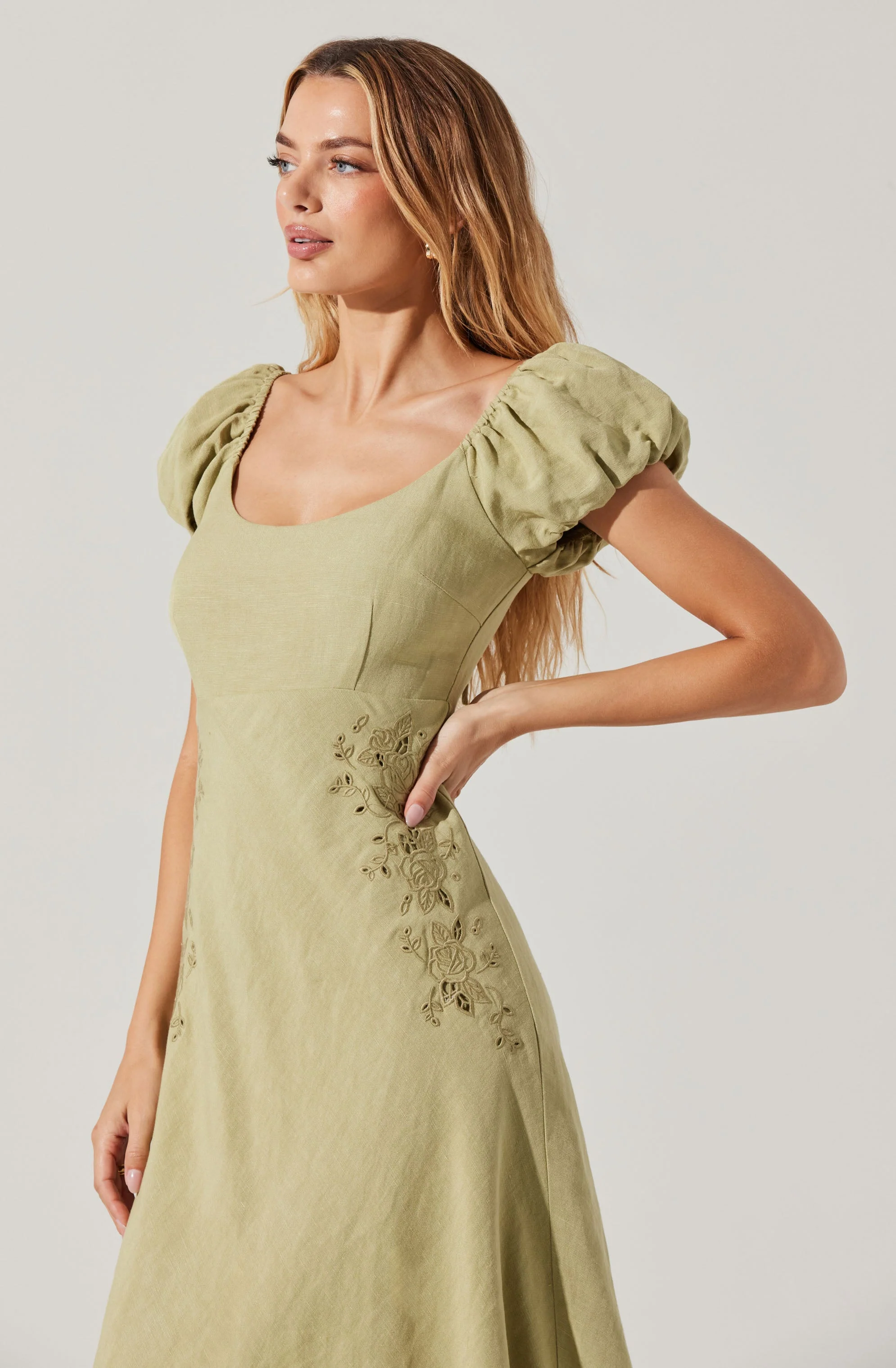 Leocadia Embroidered Puff Sleeve Midi Dress - Image 2