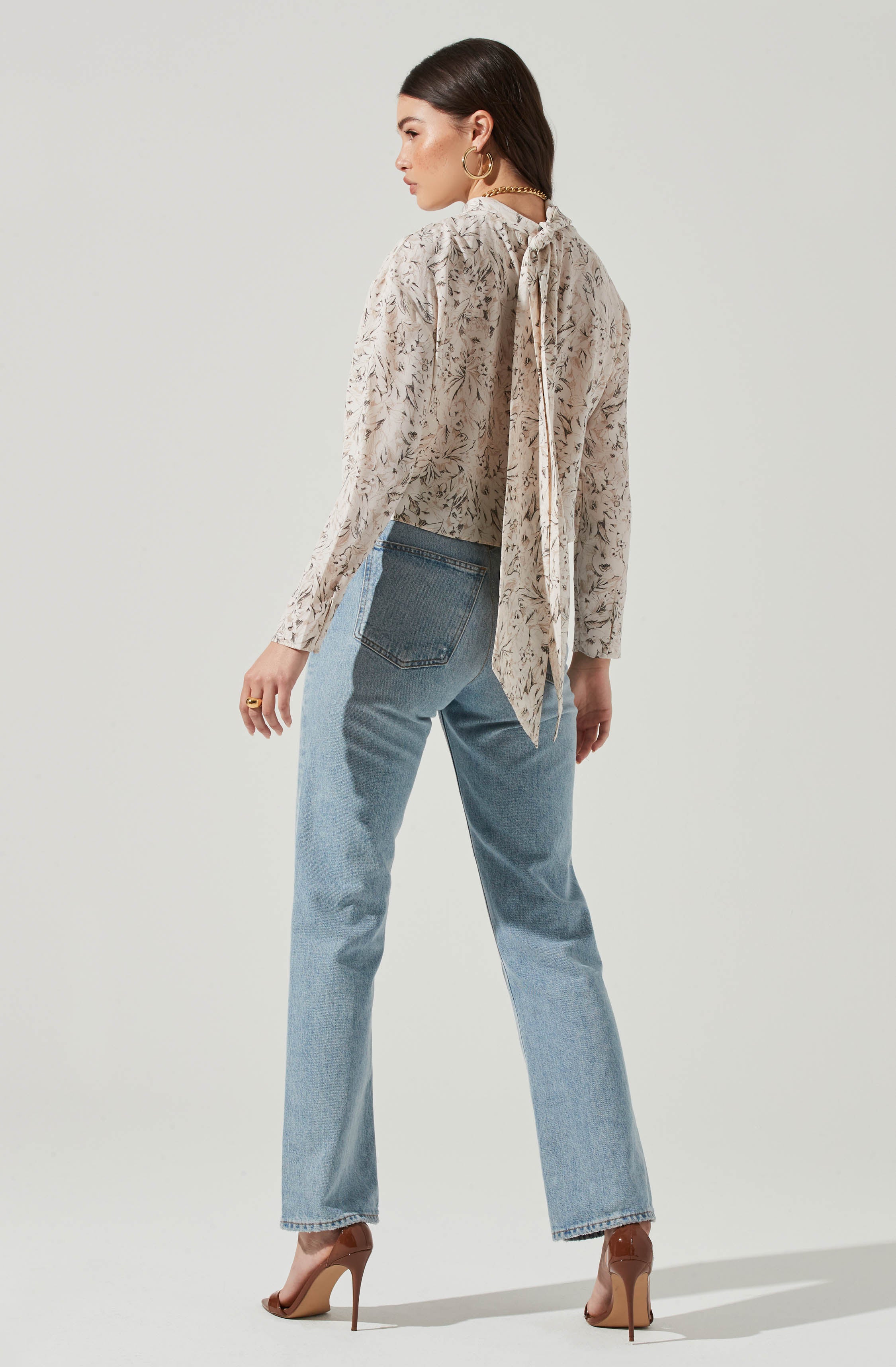 Long Sleeve Drape Tie Back Neck Back Top - Image 10