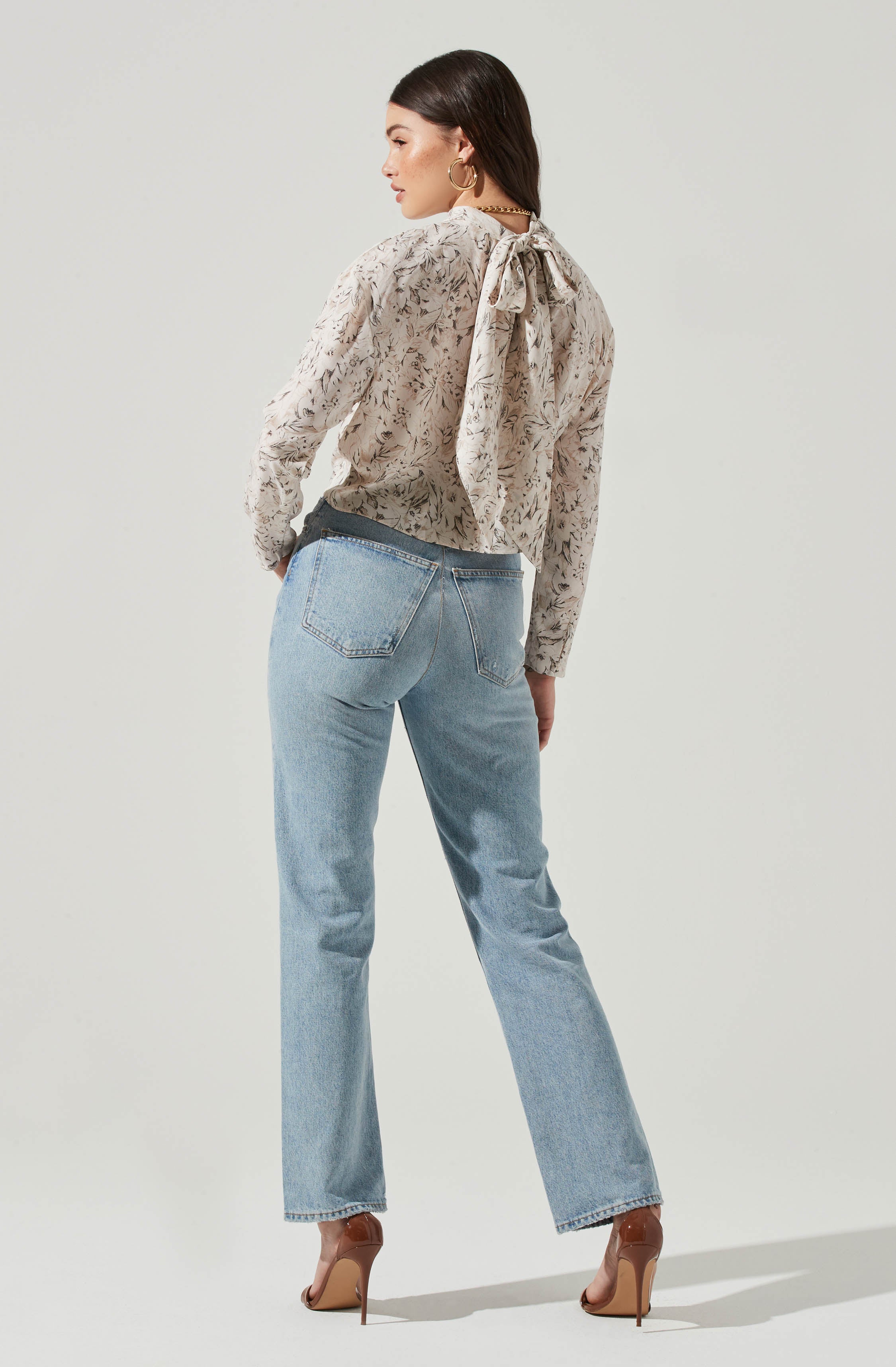 Long Sleeve Drape Tie Back Neck Back Top - Image 13