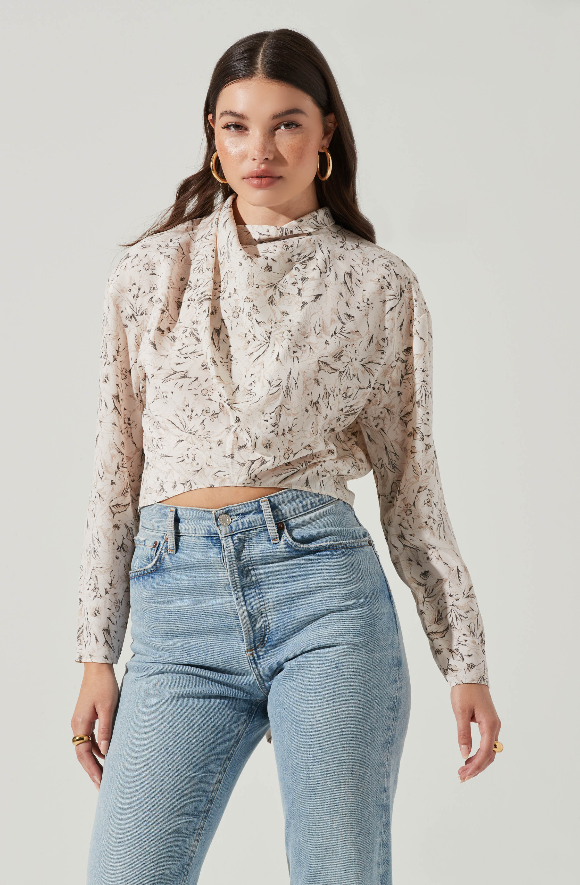 Long Sleeve Drape Tie Back Neck Back Top - Image 14