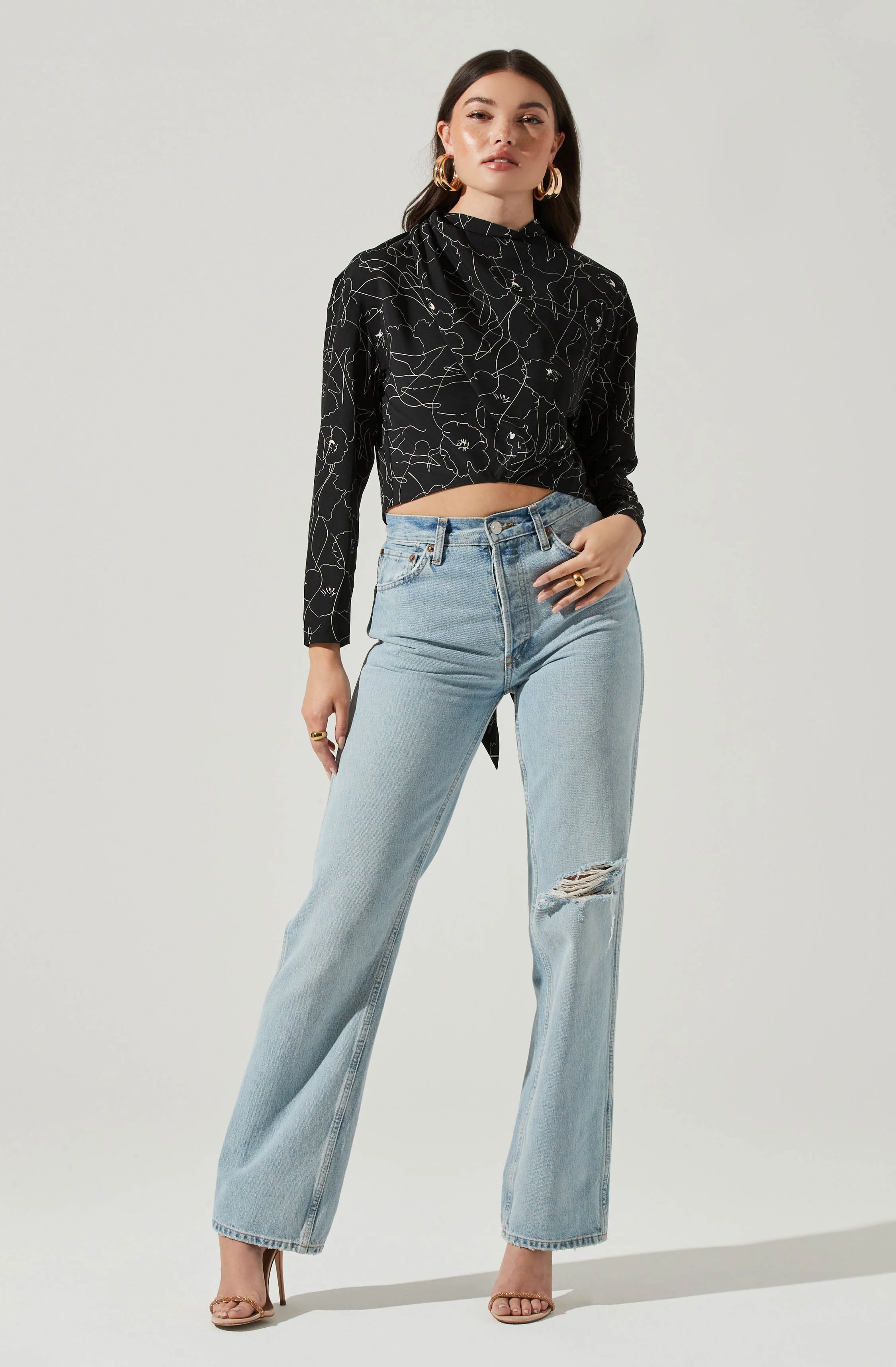 Long Sleeve Drape Tie Back Neck Back Top - Image 16