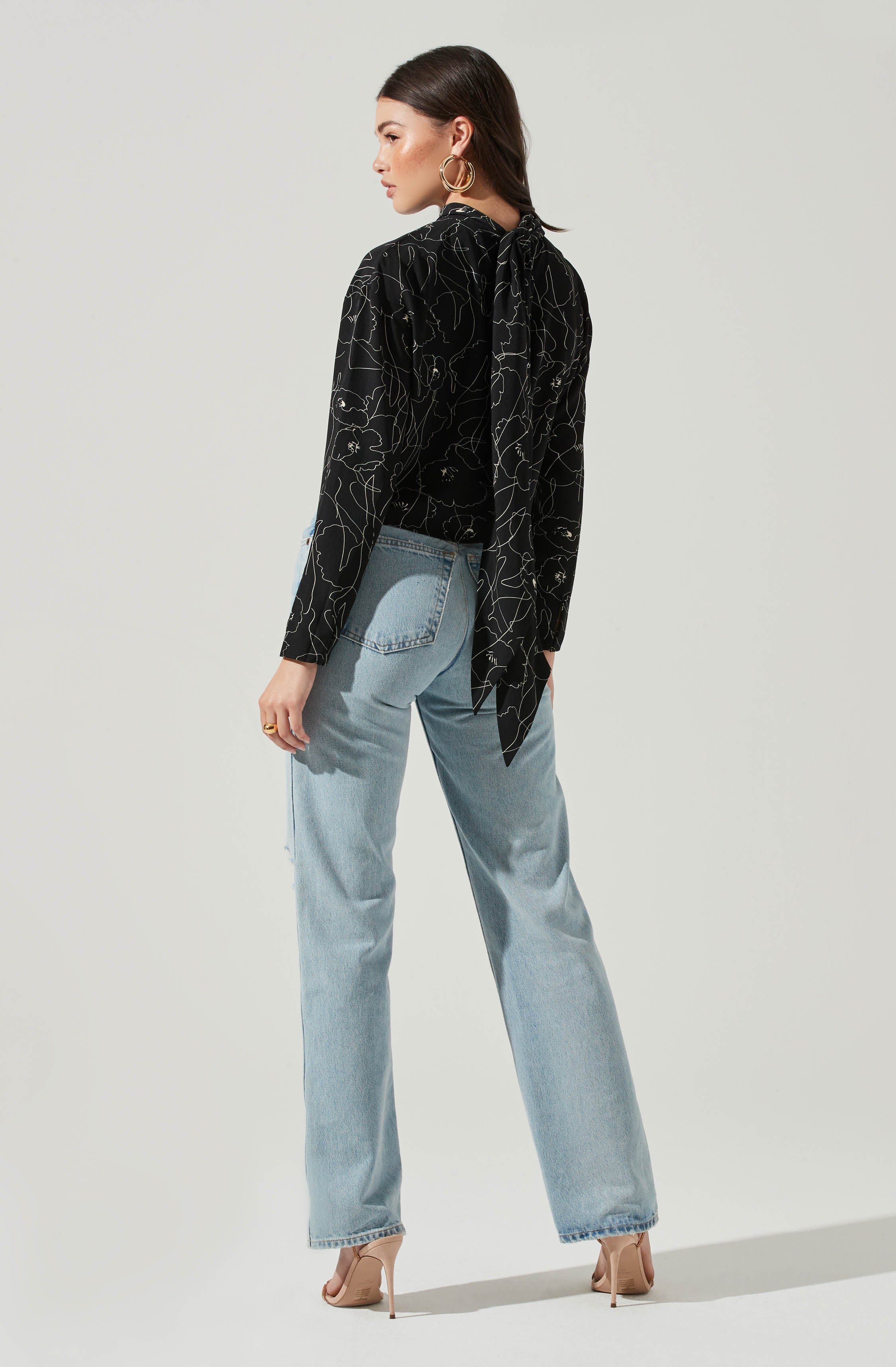 Long Sleeve Drape Tie Back Neck Back Top - Image 17