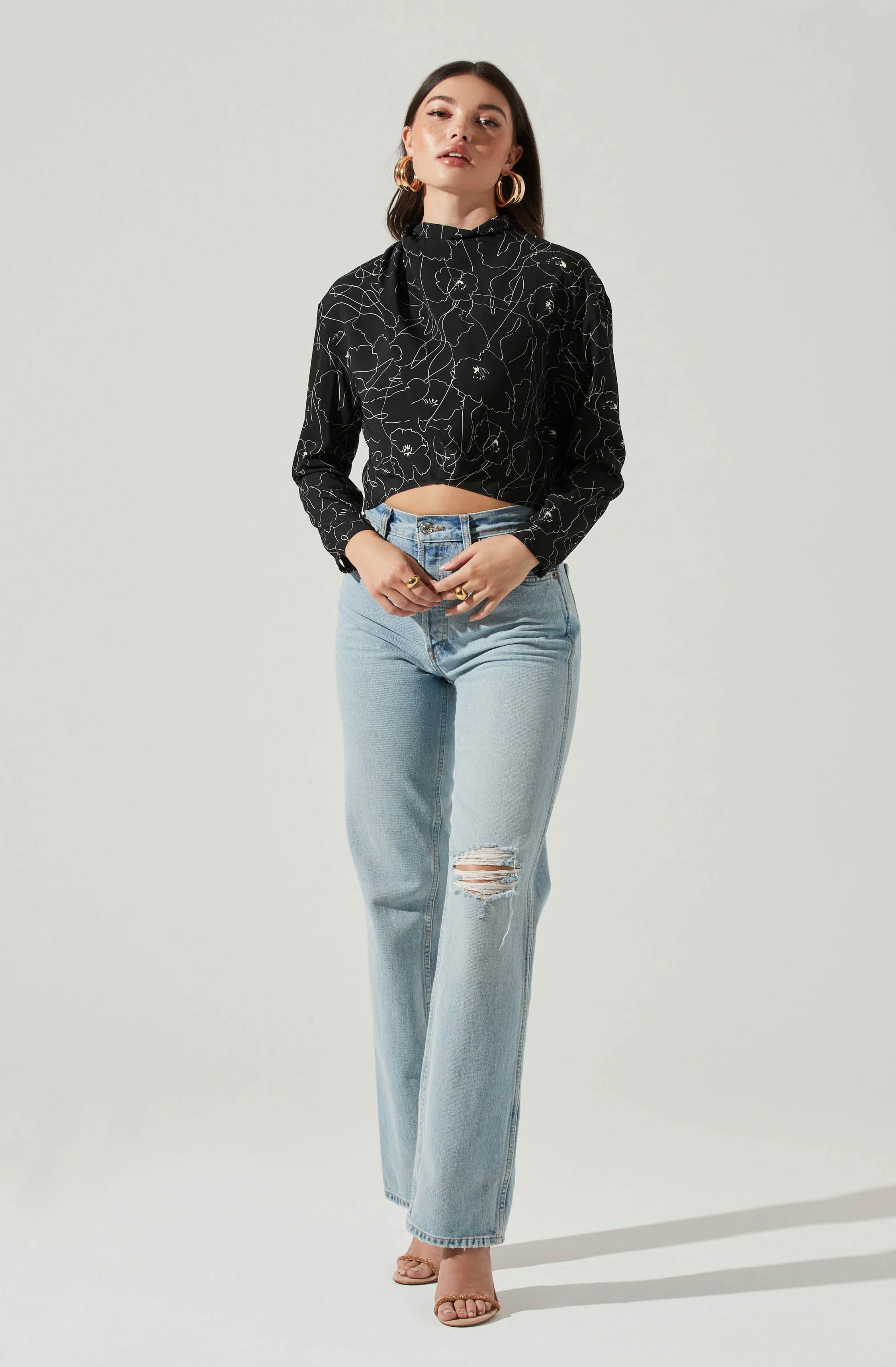 Long Sleeve Drape Tie Back Neck Back Top - Image 18