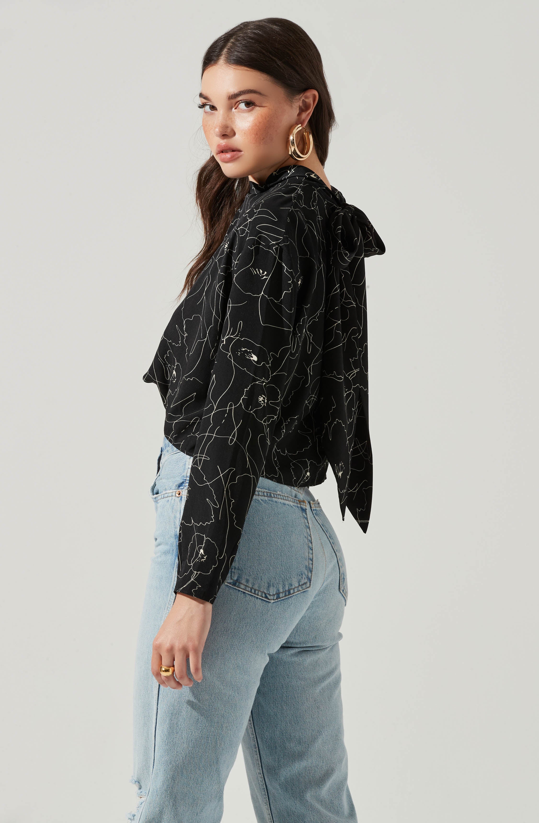 Long Sleeve Drape Tie Back Neck Back Top - Image 19
