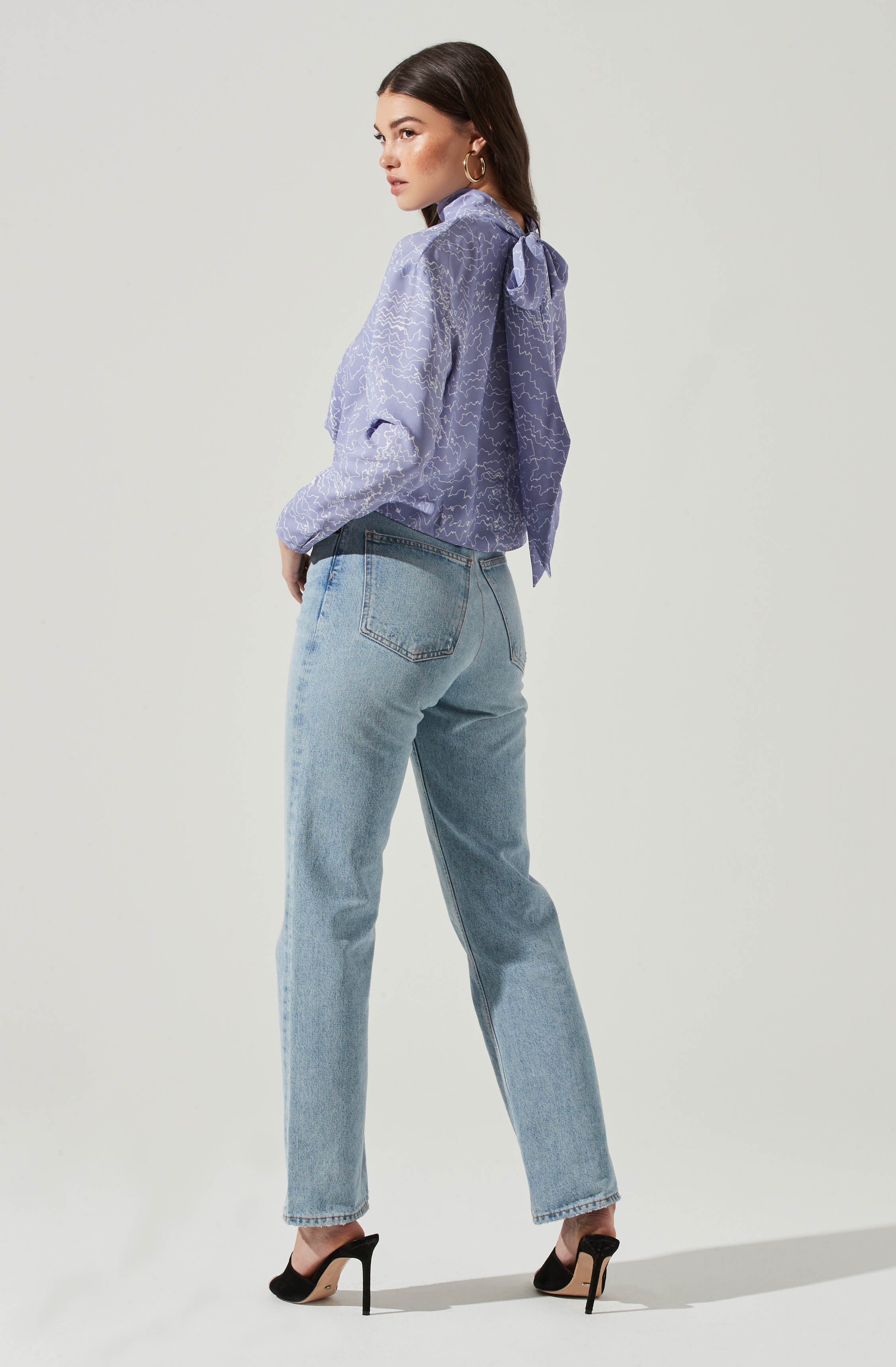 Long Sleeve Drape Tie Back Neck Back Top - Image 4