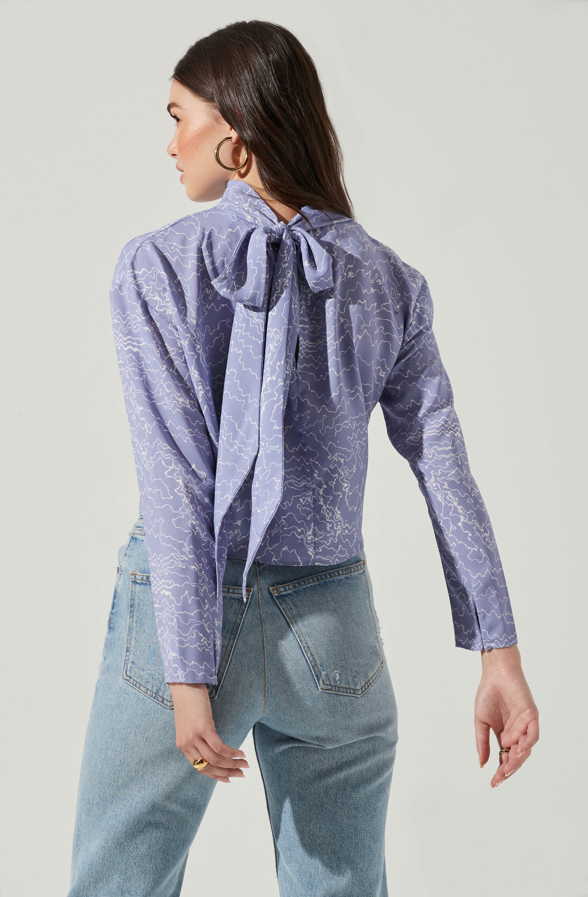 Long Sleeve Drape Tie Back Neck Back Top - Image 5