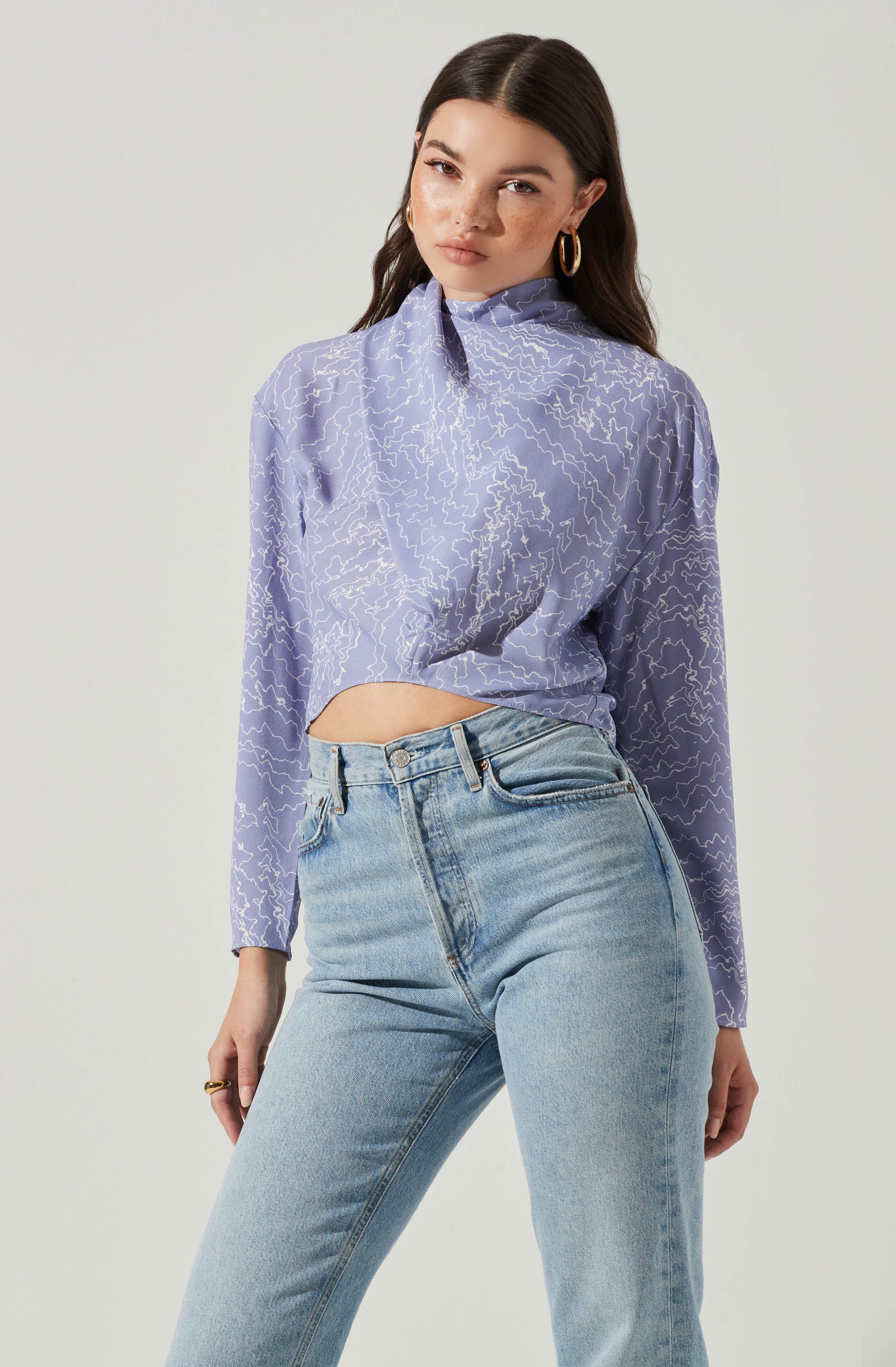 Long Sleeve Drape Tie Back Neck Back Top - Image 6