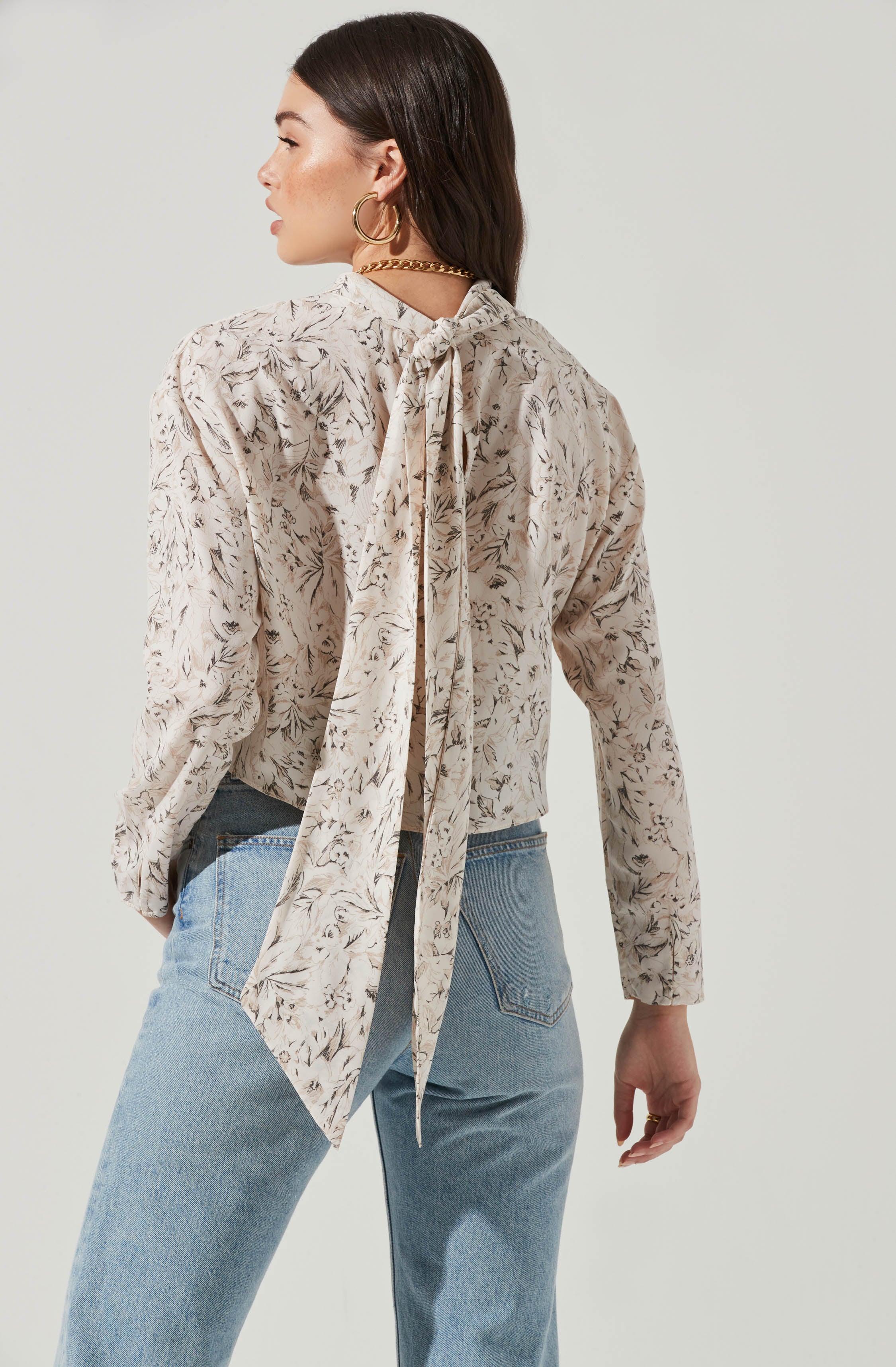 Long Sleeve Drape Tie Back Neck Back Top - Image 7