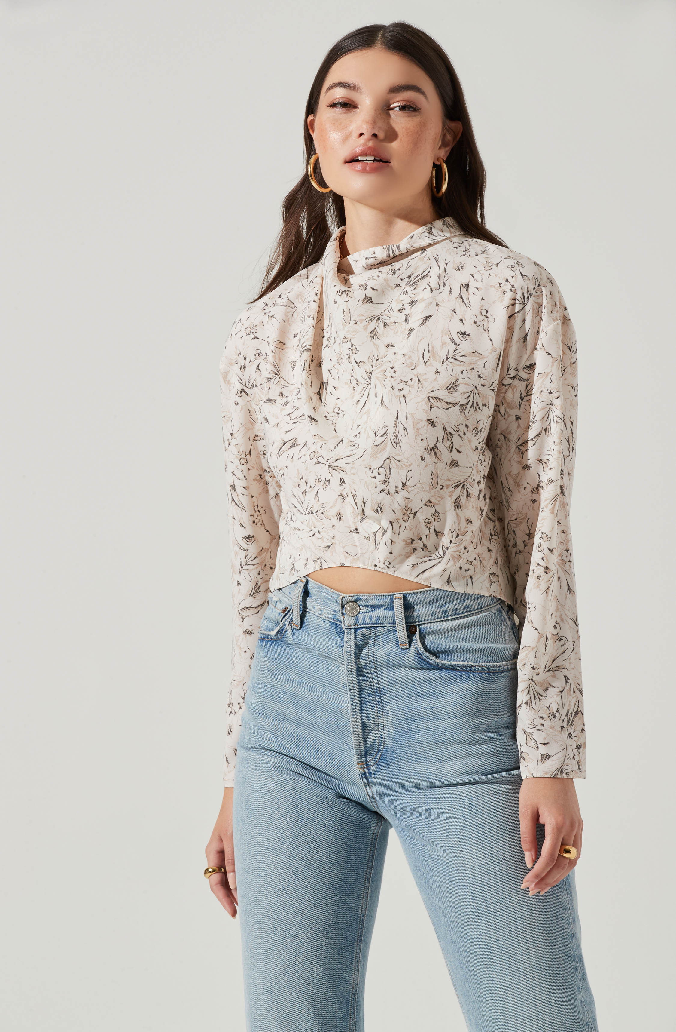 Long Sleeve Drape Tie Back Neck Back Top - Image 9