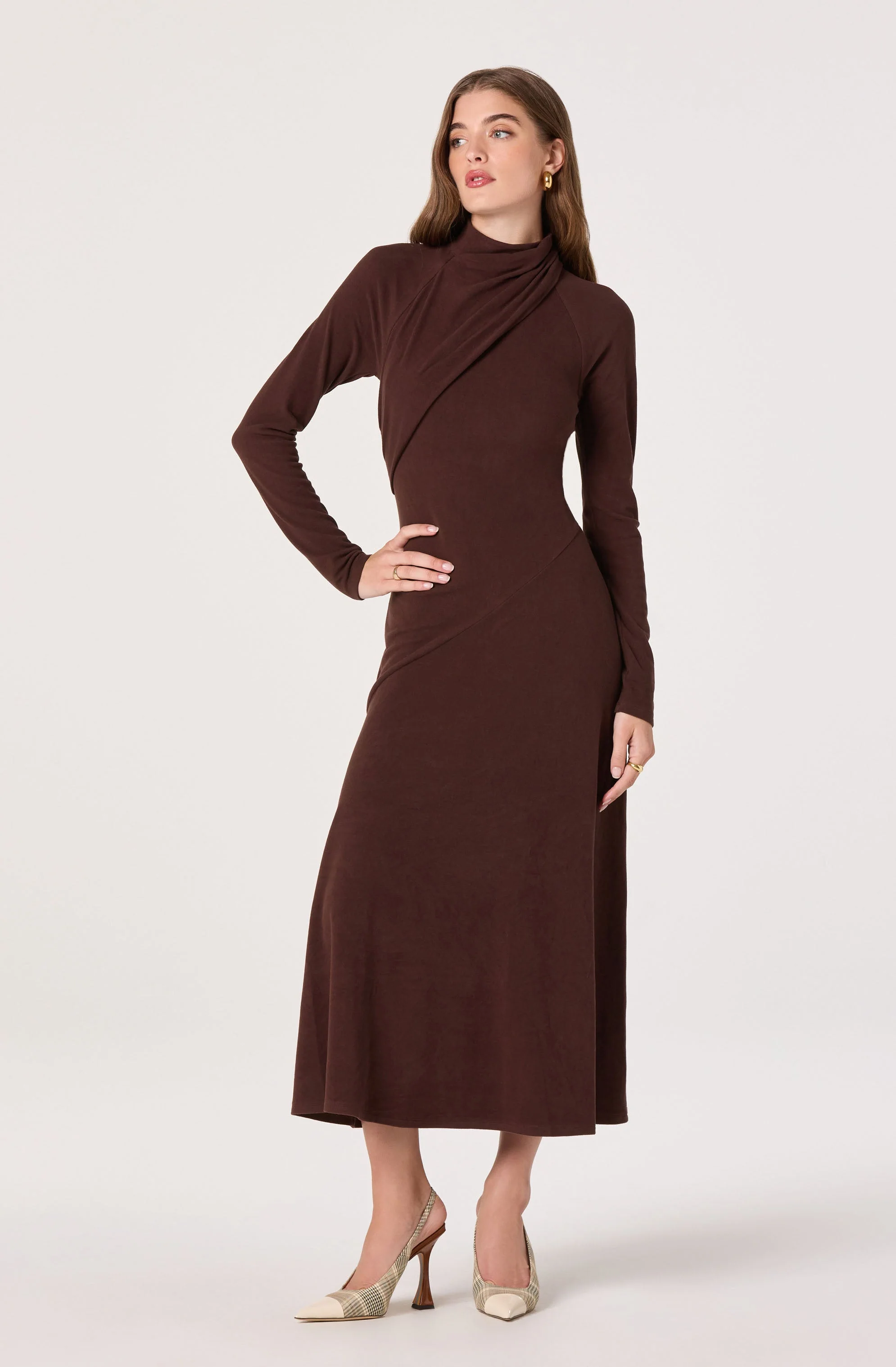Asymmetric Draped Mock Neck Midi Dress