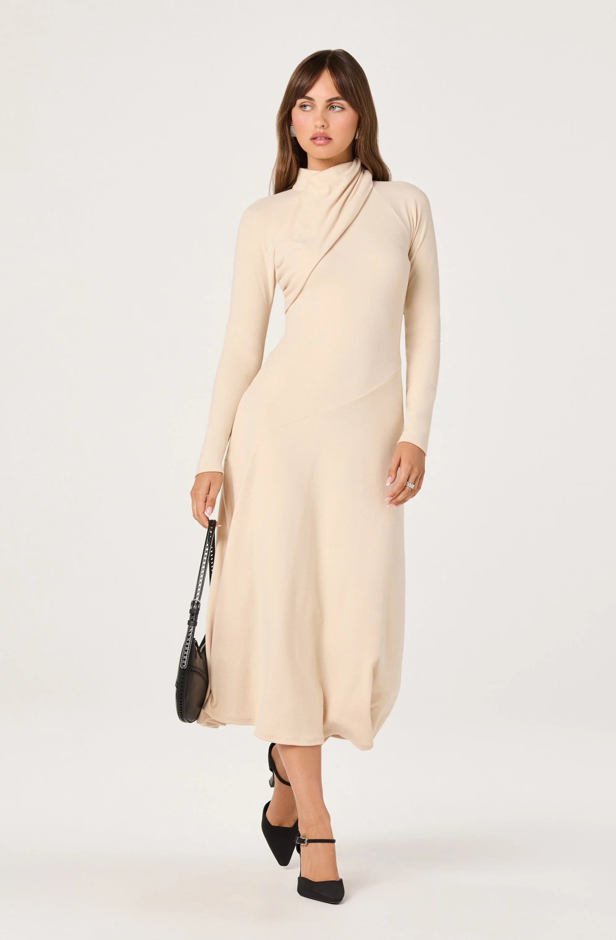 Asymmetric Draped Mock Neck Midi Dress - Image 11