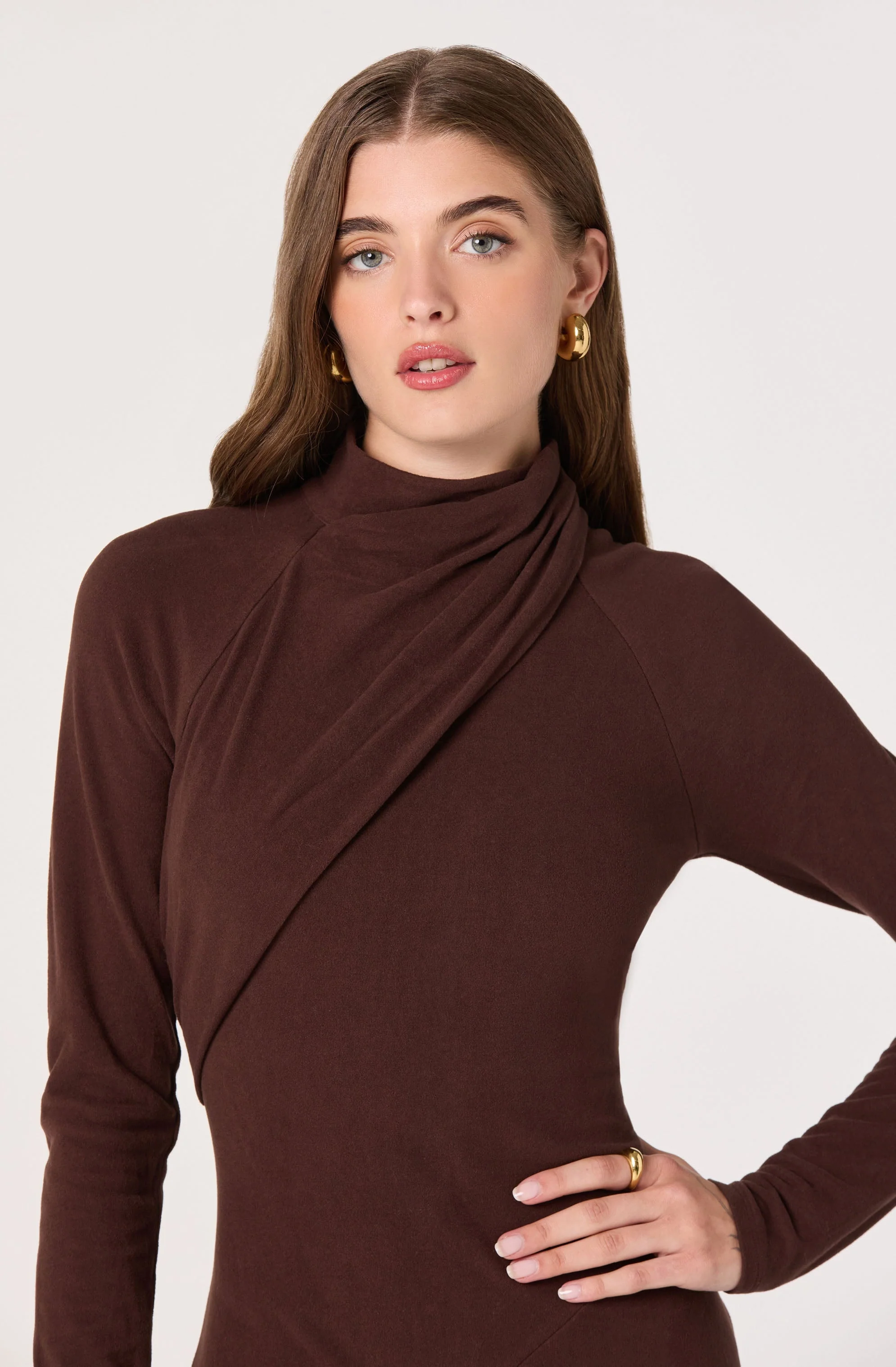 Asymmetric Draped Mock Neck Midi Dress - Image 6
