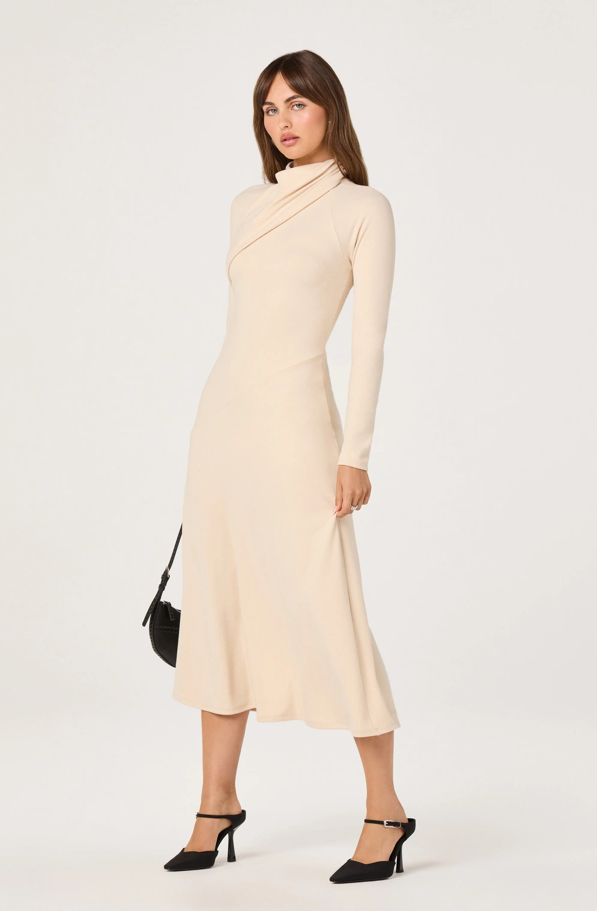 Asymmetric Draped Mock Neck Midi Dress - Image 7
