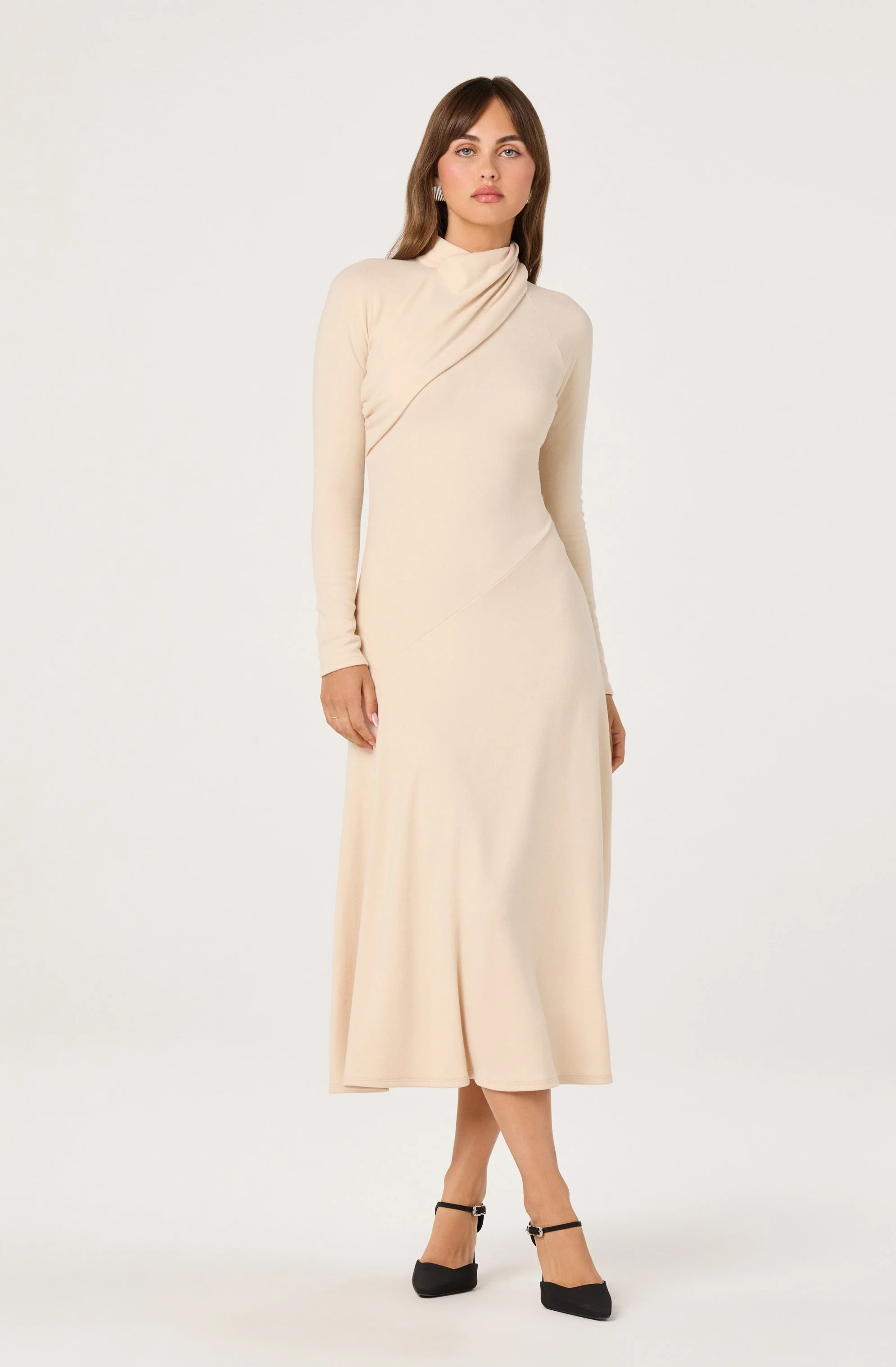 Asymmetric Draped Mock Neck Midi Dress - Image 8