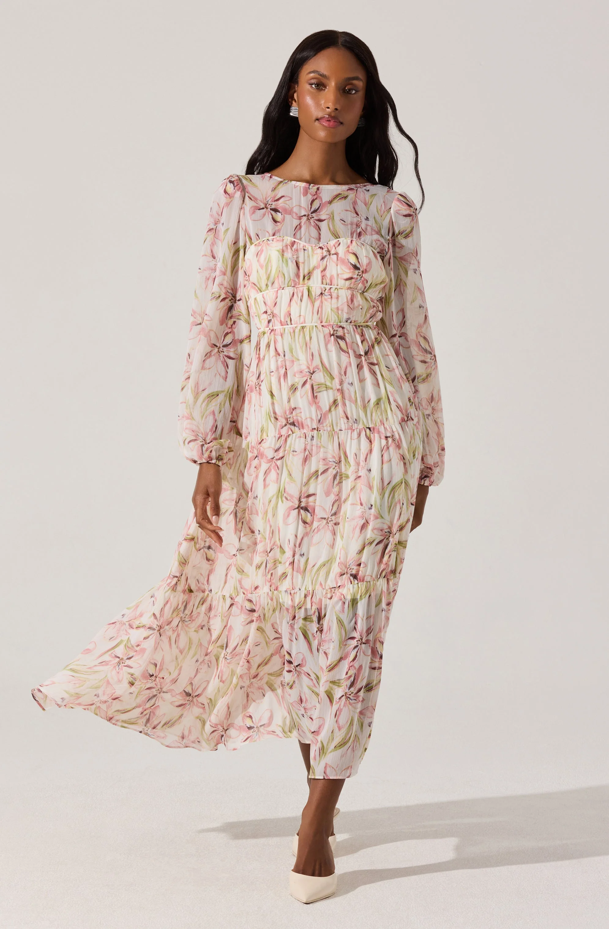 Pleated Chiffon Floral Midi Dress - Image 3