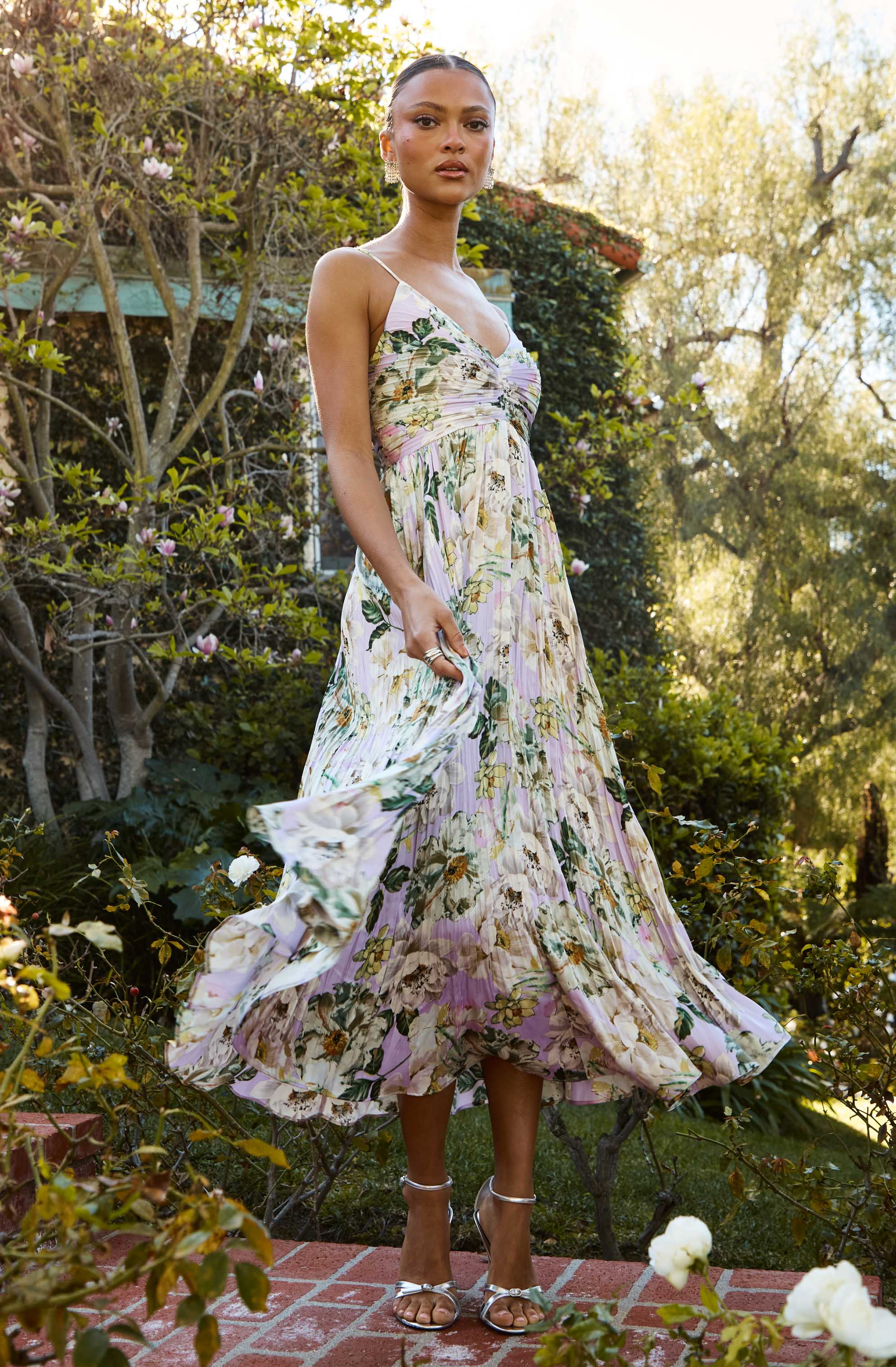 Maeve Floral Pleated Satin Midi Dress - Image 19